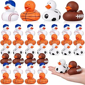 Deekin 24 Pcs Rubber Ducks 2 Inch Bulk Sport Party Favors for Team Events Decorations Birthday Party Supplies Club Player Gift (Basketball,Football,Soccer,Baseball)
