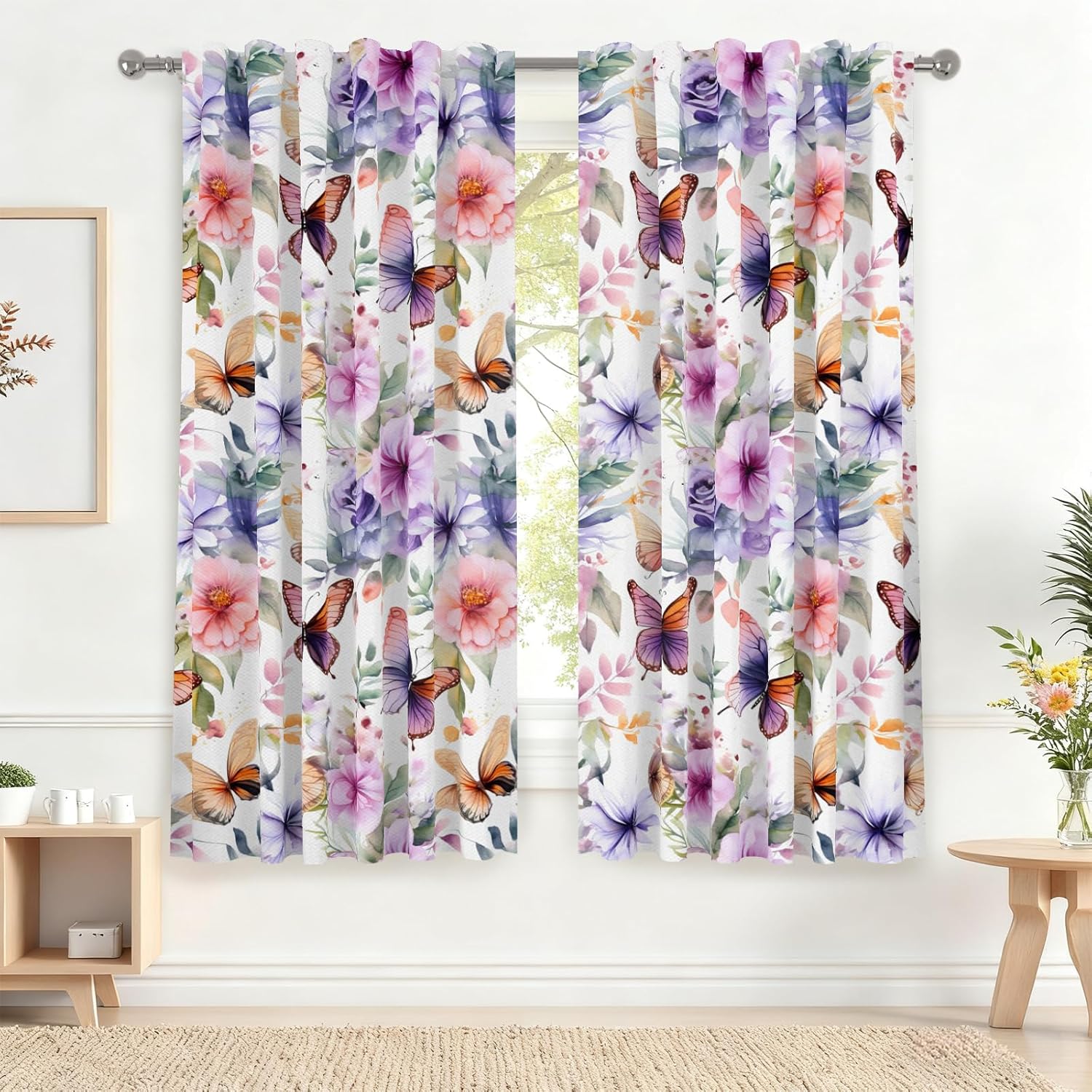 Renaiss 26 x 63 Inch Floral Bedroom Curtains Purple Flowers Butterfly Window Curtains Rod Pocket Treatment Curtain Modern Cafe Curtain for Living Dining Room Thermal Insulate Linen Drapes 2 Panels
