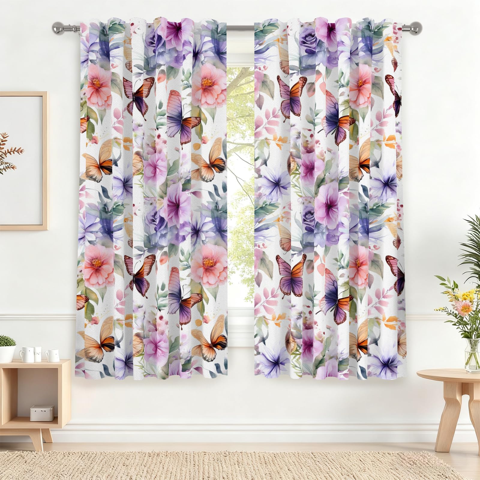 Rideaux isolants thermiques lin violet motif floral pour salon et chambre