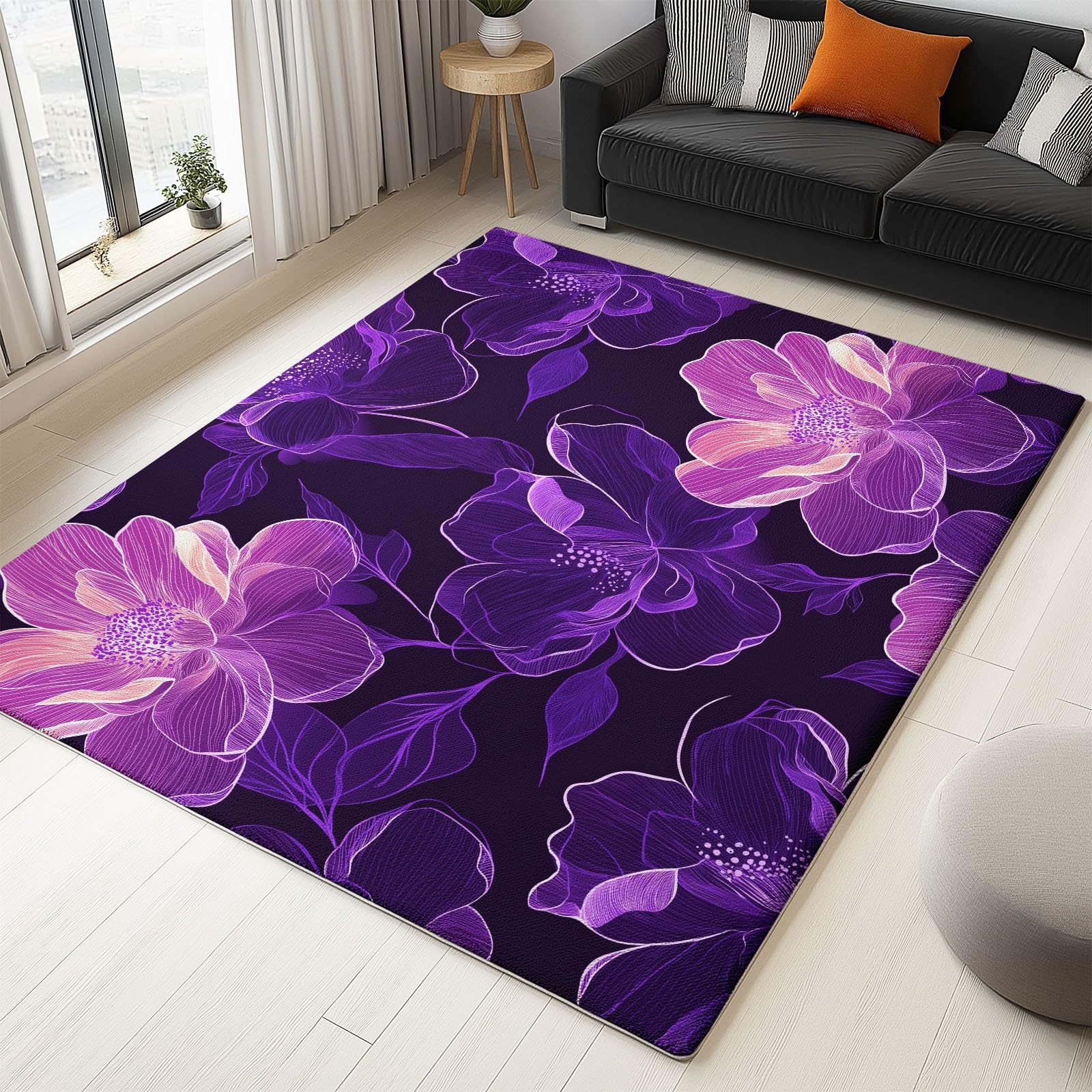 Tapis en Flanelle Douce 120 x 180 cm Un Parfum Floral Onirique Élégant Luxueux Tapis de Salon Moderne, Antidérapant et Lavable en Machine – Idéal Chambre – Poils Courts Facile à Nettoyer, Violet
