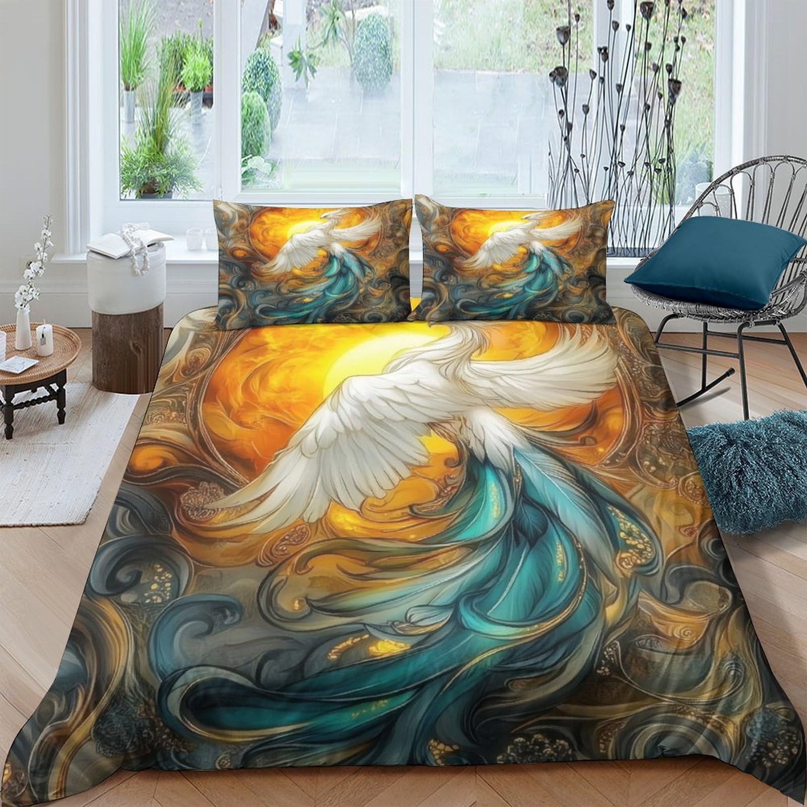 Ctjqhvkz Style-2 3D Printed Angel Sunrise Fitted Sheet Microfiber Soft Abstract Phoenix Bed Sheet For Bedroom Decor Protection Single（135X200cm）