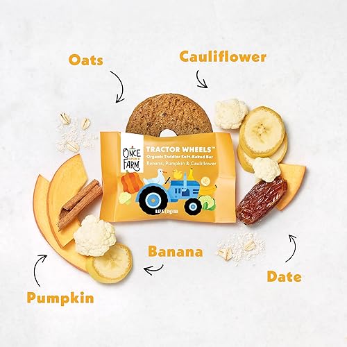 Miniatura 4 de Once Upon A Farm Barra Horneada Suave Orgánica para Niños Pequeños, Plátano, Calabaza y Coliflor, con Forma de Ruedas de Tractor, sin OGM, Kosher,