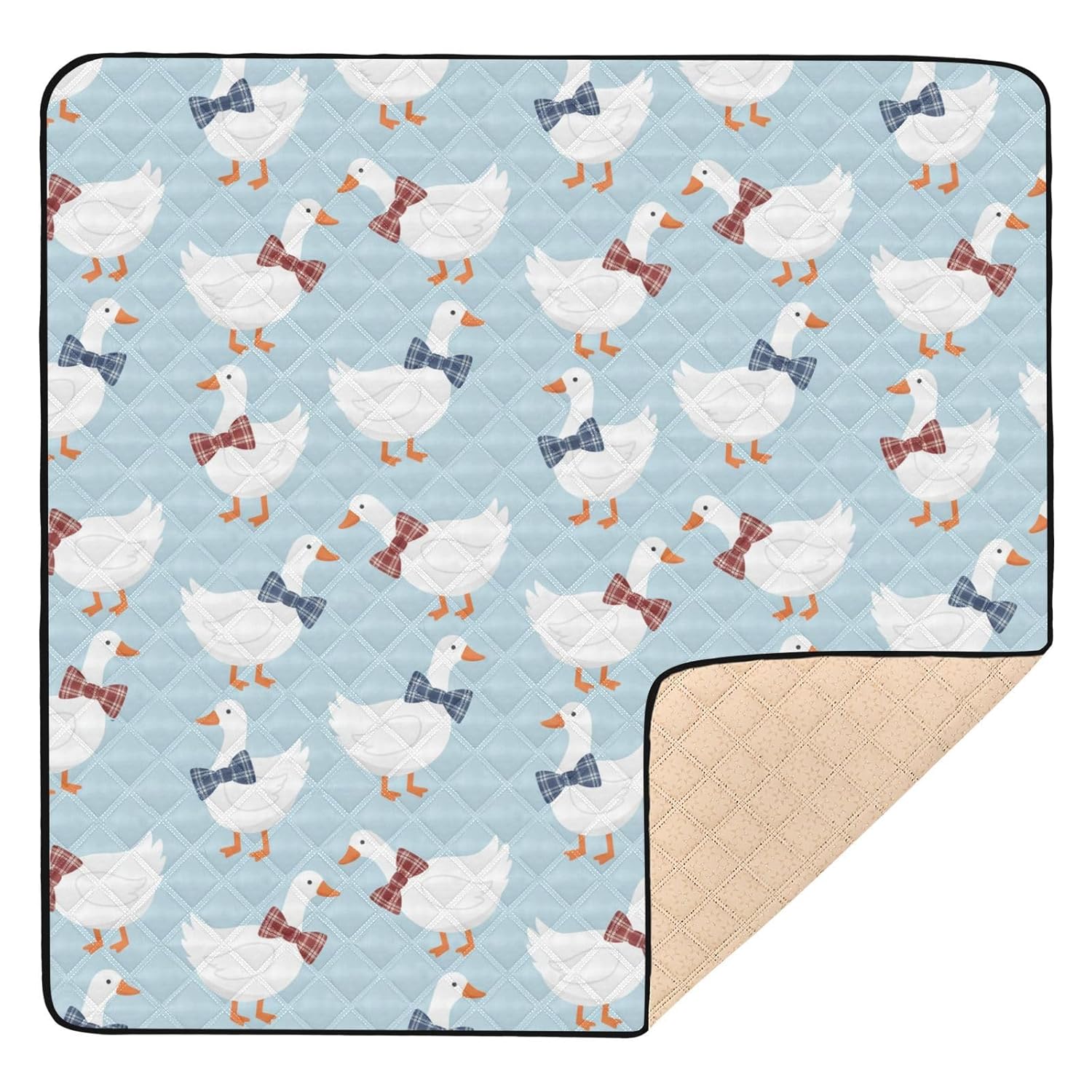 Duck Bowtie Blue Print 50x50 in Baby Play Mat, Anti-Slip Silicone Bottom Crawling Mat for Babies Toddlers, Lightweight & Washable for Indoor Outdoor Tummy Time