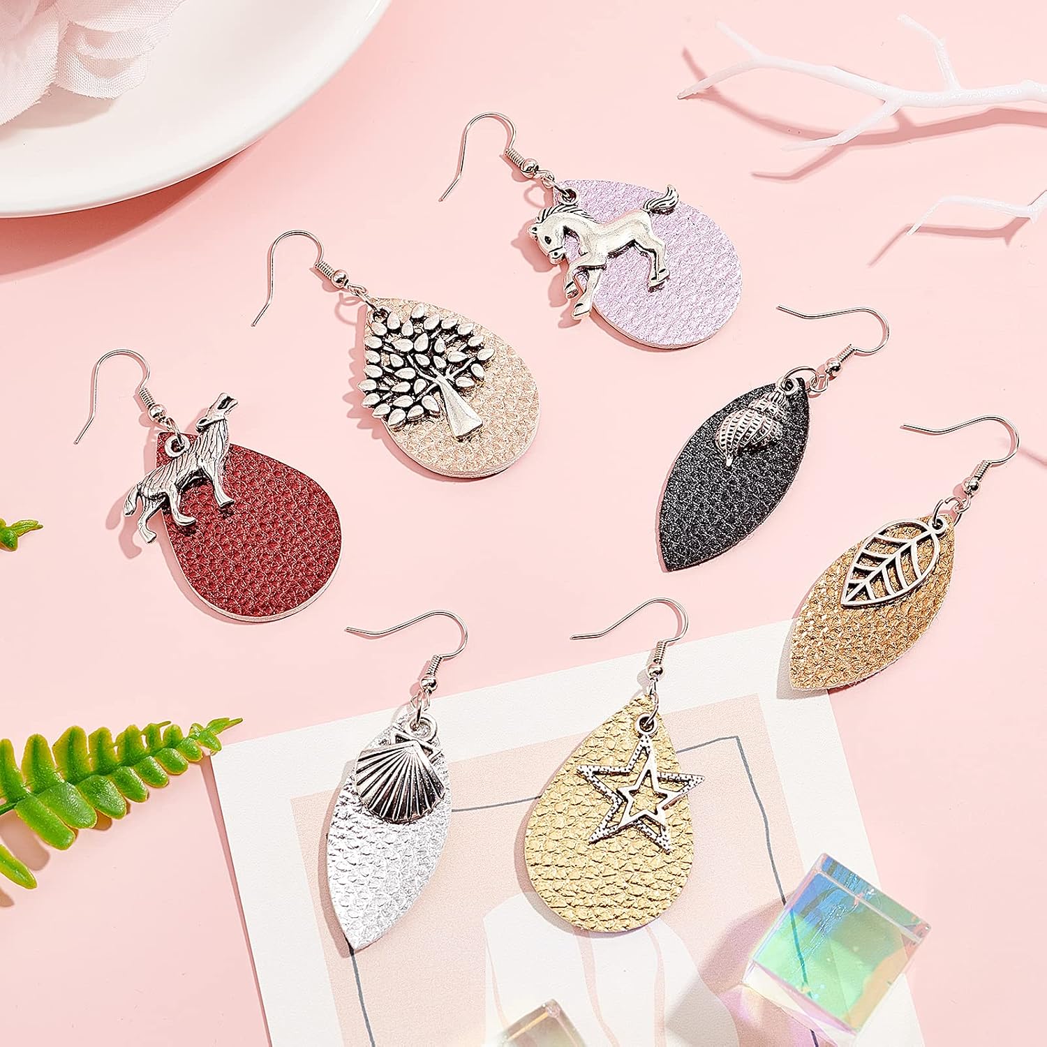 SUNNYCLUE DIY Make 8 Pairs Leather Teardrop Eye Dangle Earring Making Starter Kit Alloy Star Shell Leaf Tree Charms Pendants Jewellery Supplies for Women Adults DIY Earring Making