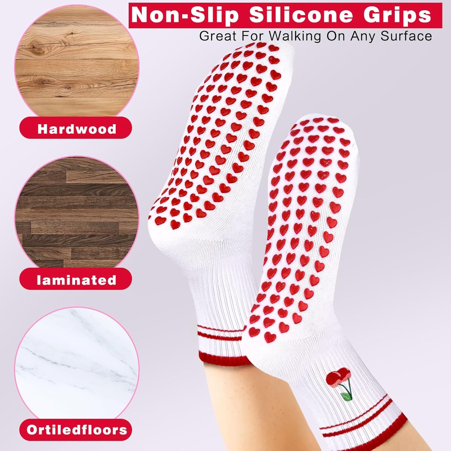 Etercycle Pilates Socks for Women, Cute Embroidery Pattern Yoga Grip Socks, Soft Cotton Crew Grippy Sock for Barre Workout - Image 5