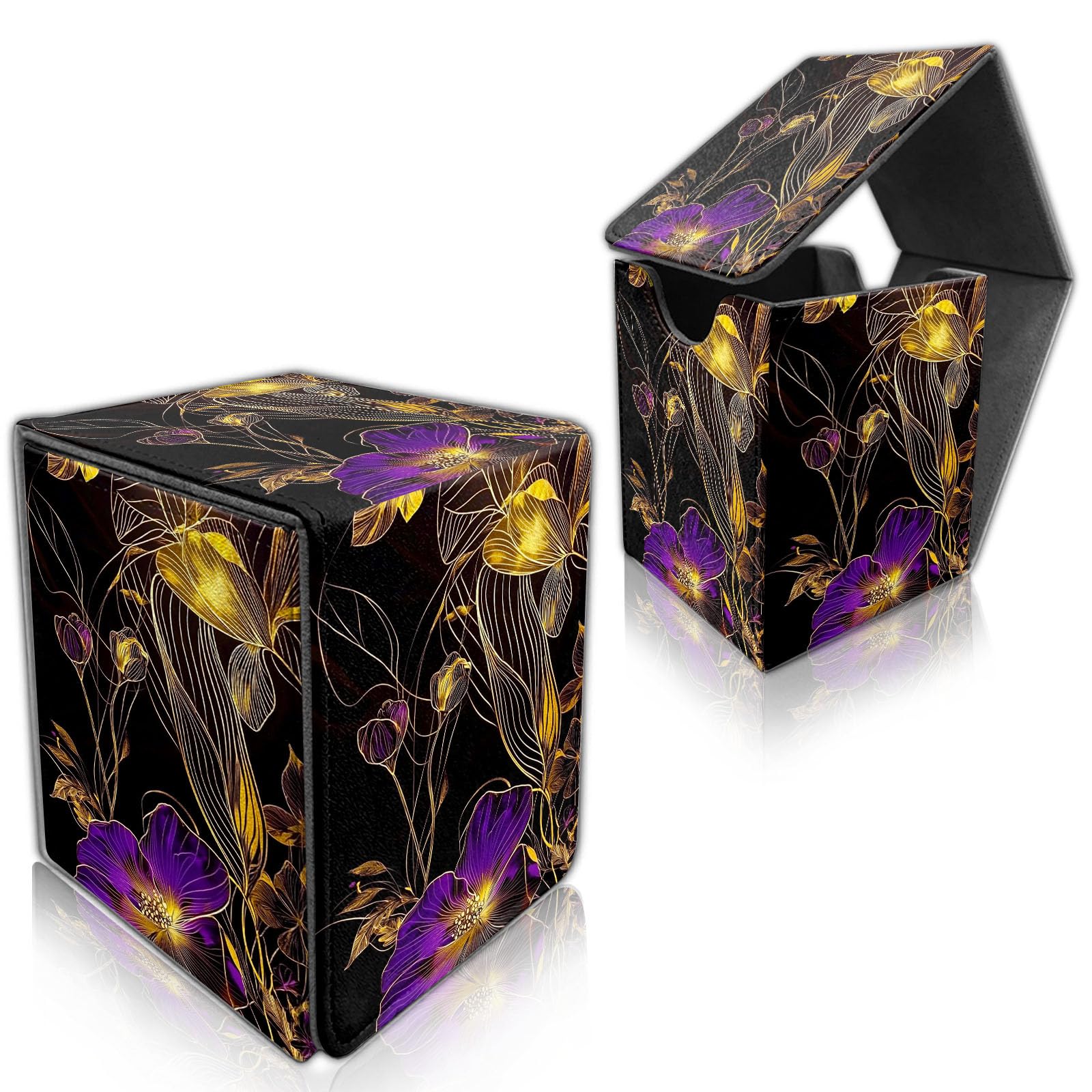 DISUOFEART for MTG Deck Box, Trading Card Storage Case Holds 100+ Sleeved Cards, Gold and Purple Floral Magnetic Closure Durable Deck Holder for Magic The Gathering, TCG & Commander โ image 1