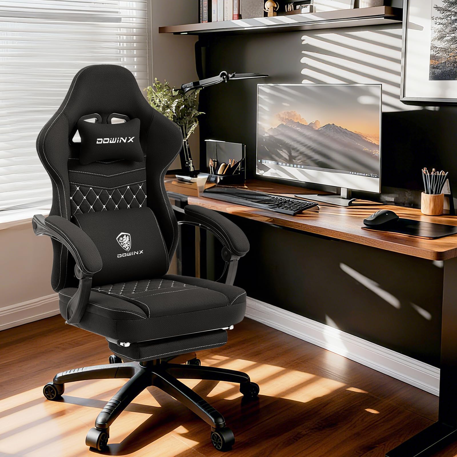 Dowinx Silla Gaming de Tela con Reposapiés Abatible y Extraíble, Silla Ergonómica para Oficina con Cojín de Gel y Muelles Ensacados, Silla Gamer Reclinable con Soporte Lumbar, para Adultos, Negro