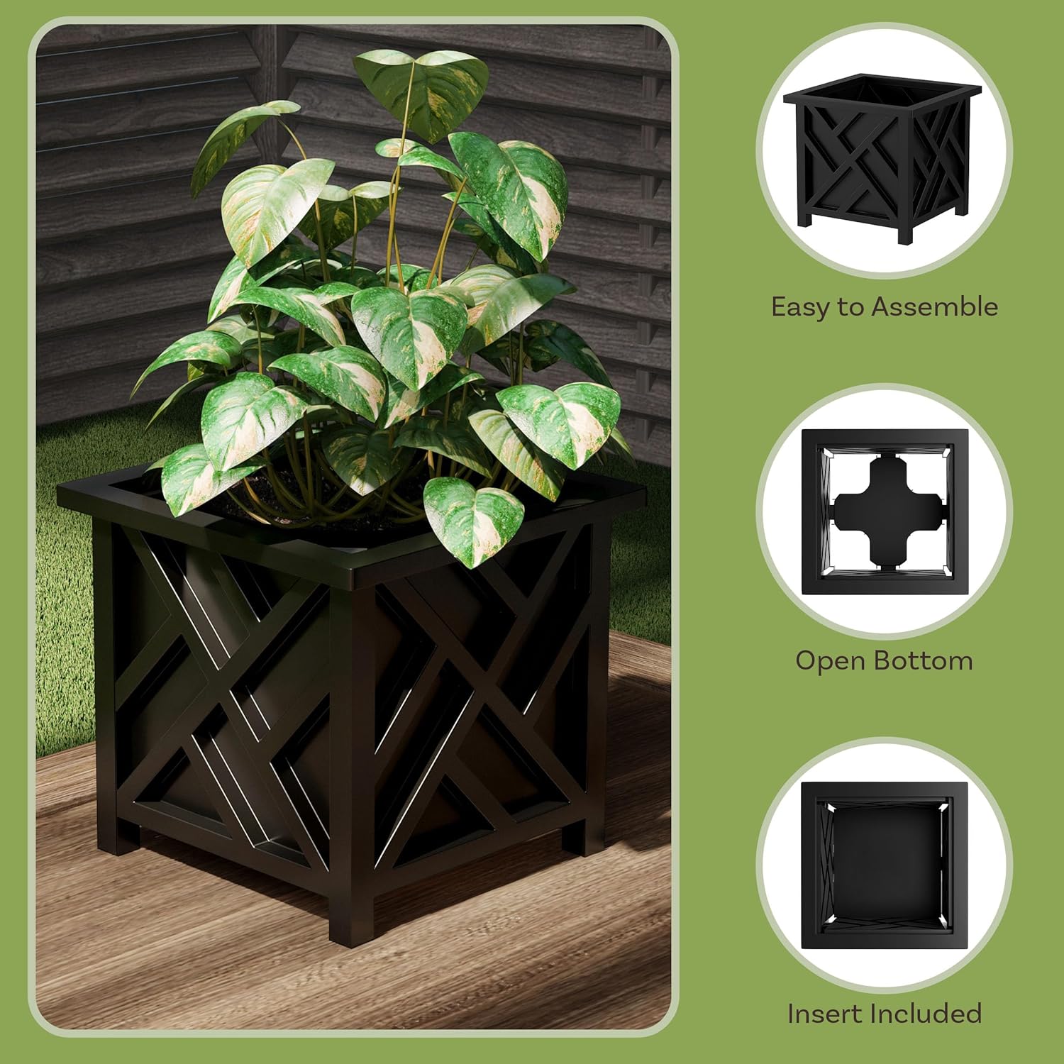 Lattice Design Outdoor Planter Box - 14.75” Square 13” Tall Black Plant Pot - Decorative Plant Pots for Front Porch Decor - Flower Pots Outdoor Planters for Porch Patio or Garden Decor by Pure Garden