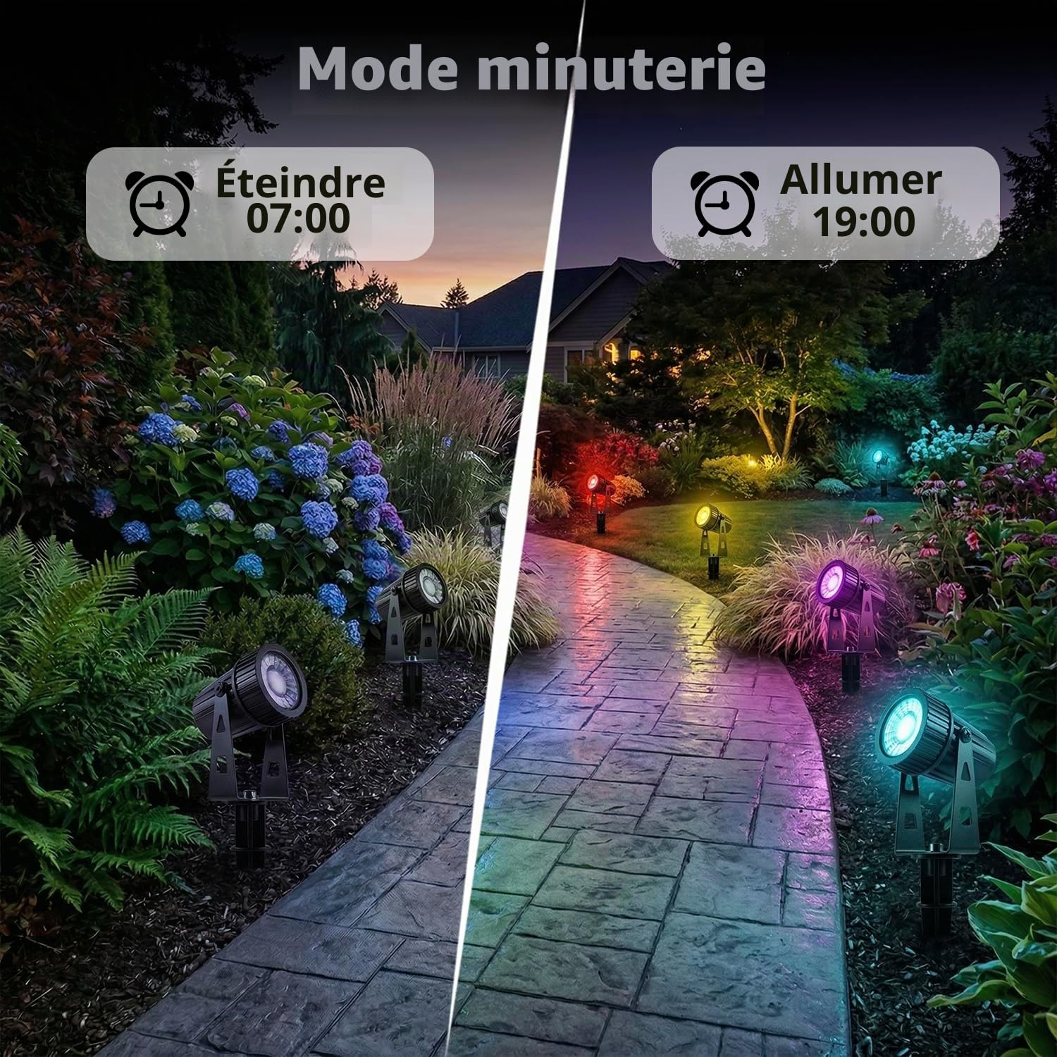 8 éclairage de jardin LED RGBW 24V 24W avec Timer Télécommande APP Dimmable projecteur de jardin blanc chaud avec piquet Spots LED Jardin Extérieur, IP65 étanche Lumière Extérieur Projecteur