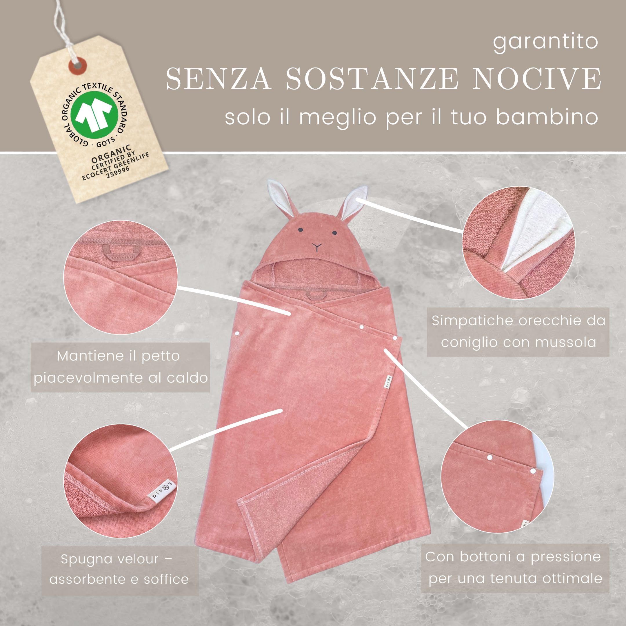 DIKOS® Poncho Bagno Bimbi Rosa Antico 70x140 cm | 2 in 1 Asciugamano Cappuccio Coniglio, Bottoni a Pressione, fino a Tg. 140 | 100% Cotone Bio Spugna/Velour, Morbido e Assorbente | Regalo Nascita
