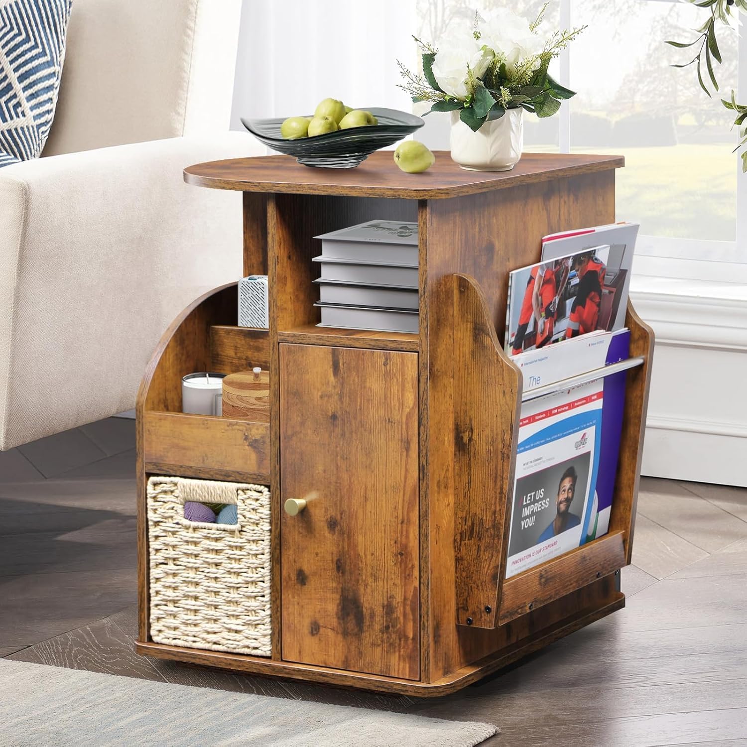 EasyVibe Rotating End Table with Storage, Rotating Side Table Living Room, Side Table with Magazine Holder, Basket and Cabinet, Sofa Side Farmhouse End Tables with Open Shelf (Rustic Brown)