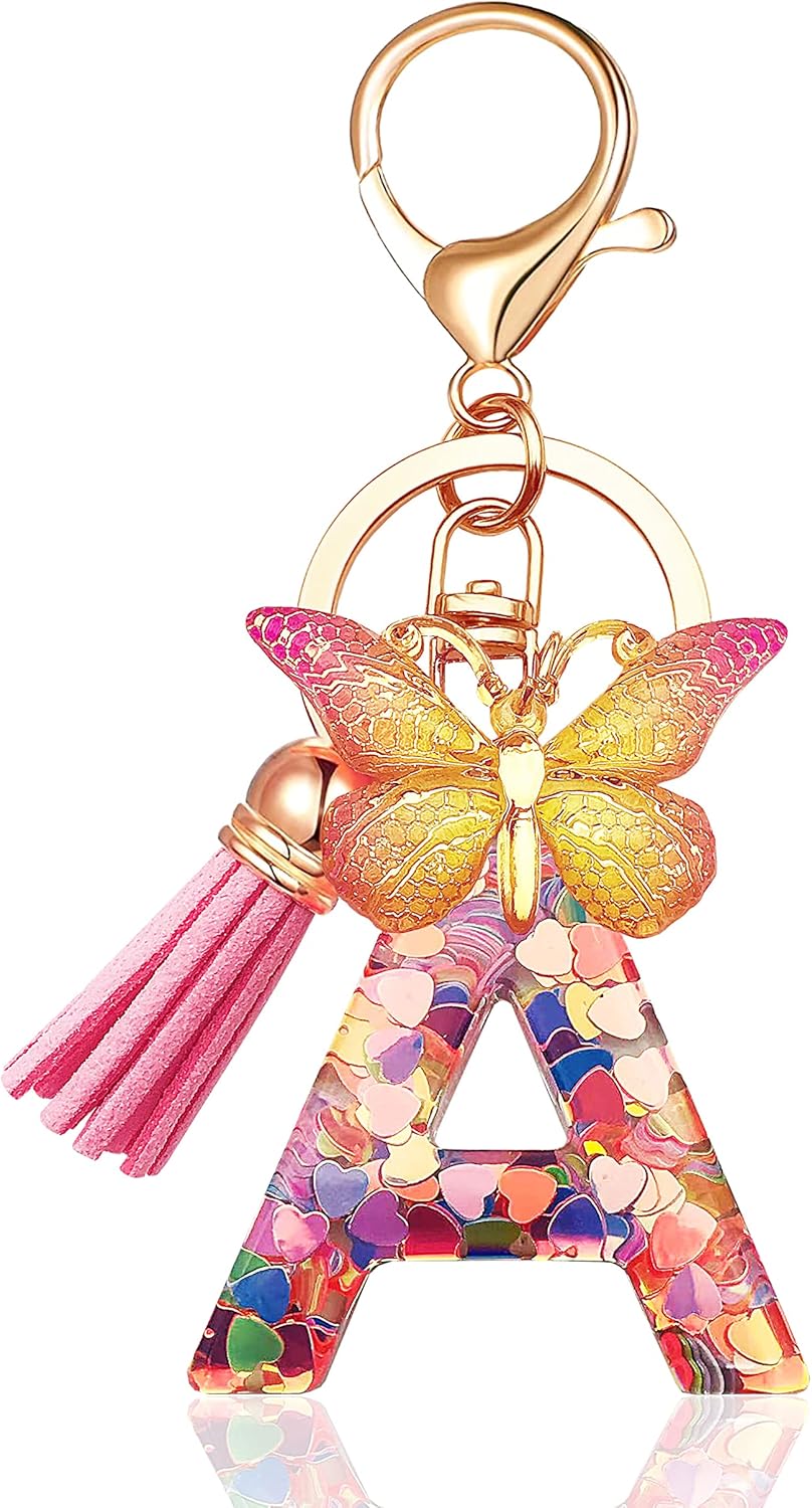 JINGUAZI Personalized Initial Letter Keychain for Women - Cute Pink Purple Butterfly Tassel Car Bag Wallet Charm