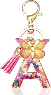 JINGUAZI Personalized Initial Letter Keychain for Women - Cute Pink Purple Butterfly Tassel Car Bag Wallet Charm