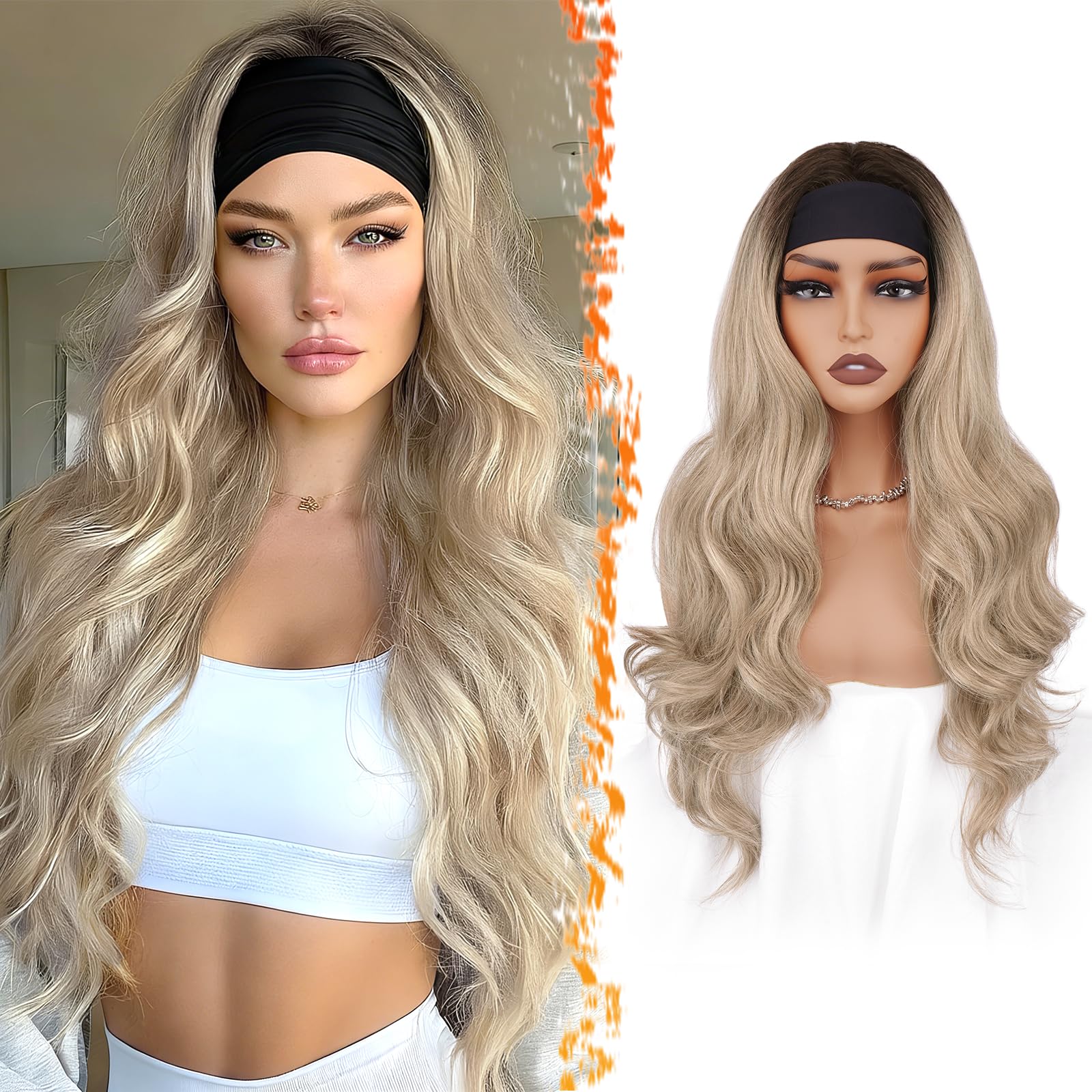 BARSDAR Ombre Blond Gewellte Stirnband Perücke, 66cm Lange Lockere Gewellte Synthetisches Stirnband Perücke für Frauen - Kleberlos Leichtes Natürliches Aussehen Einfaches Tragen Stirn Band Perücken