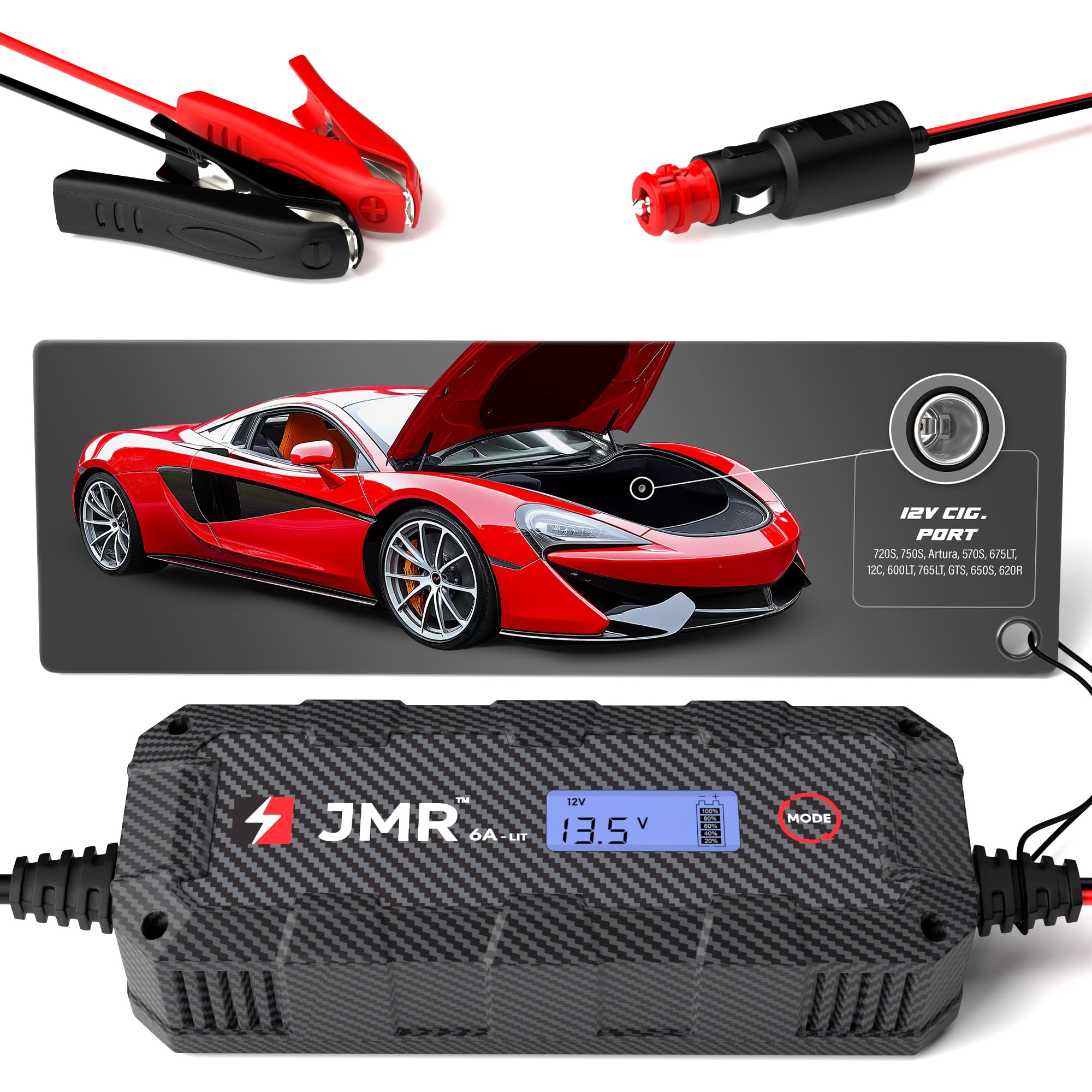 JMR Lithium Battery Charger for McLaren 720S 750S Artura 570S 675LT 12C 600LT 765LT GTS 650S 620R All Models Trickle Charger Conditioner Maintainer
