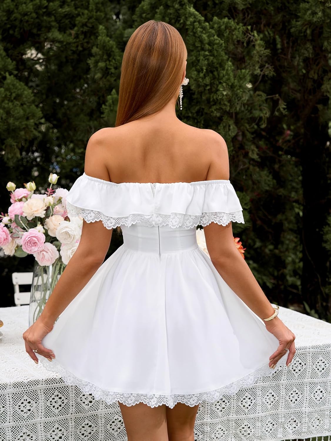 EYNMIN Women's Off The Shoulder Mini Dress Lace Bow Tie Flowy A Line Cute Casual Short Dresses with Pocket - Image 3