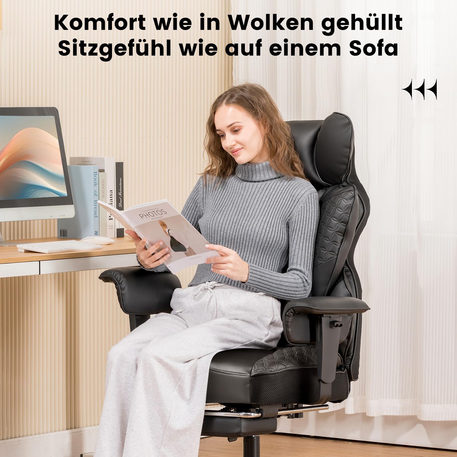 COMHOMA Gaming Stuhl, ergonomischer Bürostuhl, Schreibtischstuhl mit verstellbare Armlehnen, Taschenfederkern-Lendenwirbelstütze für große und hohe Personen, 180 kg, breiter Sitzfläche, schwarz