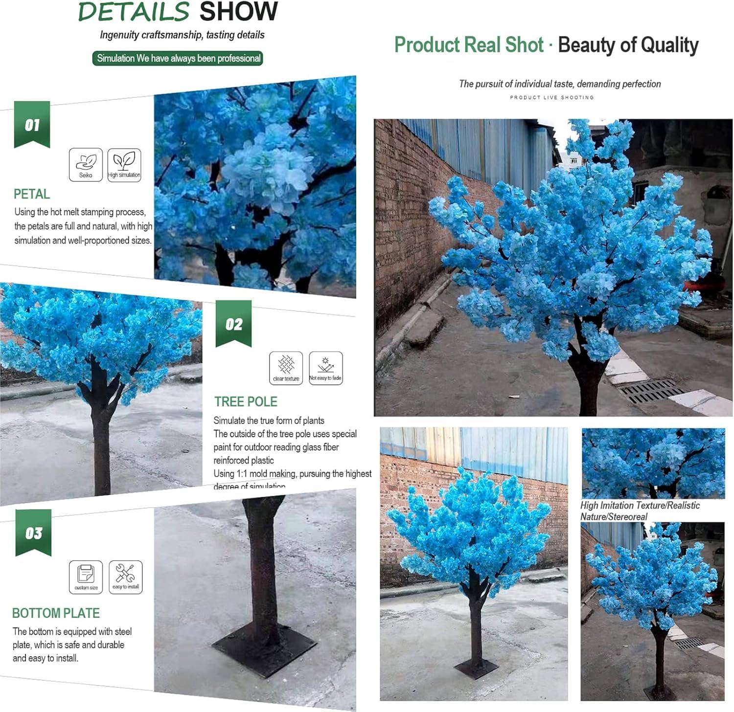 Detailed breakdown of petal, tree pole, and bottom plate features
