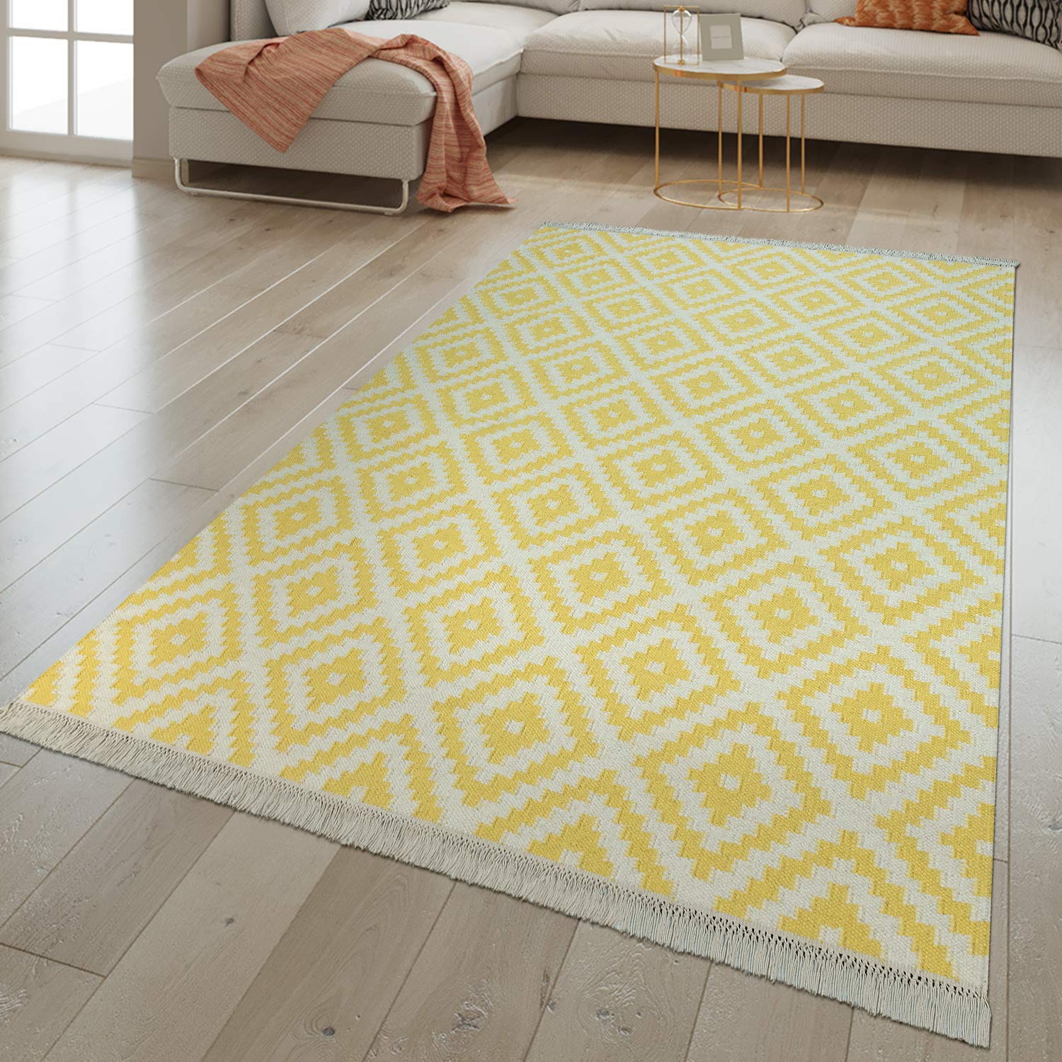TT Home Tapis Moderne Motif Marocain Tissé Main Scandinave Losanges Franges Jaune Blanc, Dimension:160x230 cm