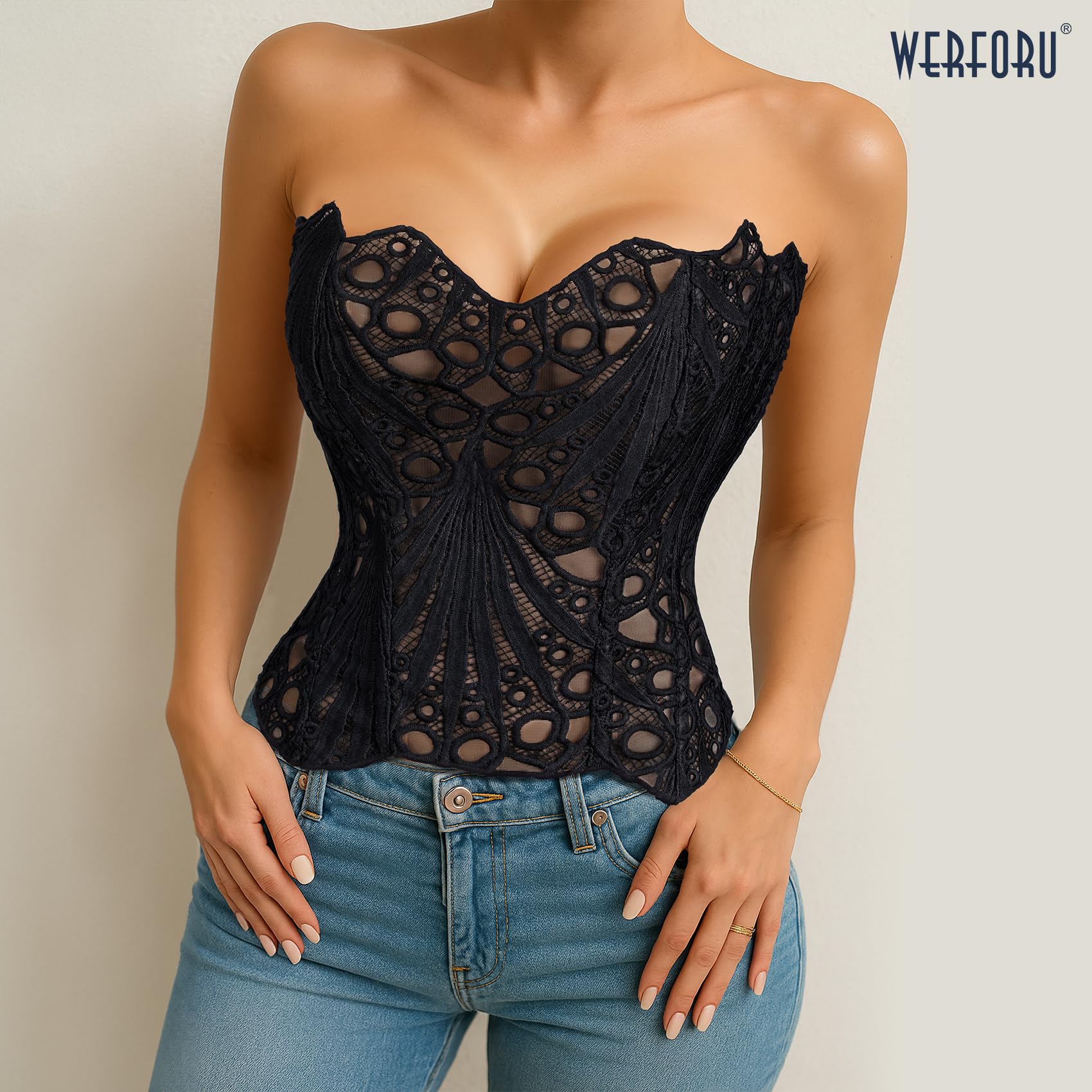 WERFORU Corset Bustier en Dentelle pour Femme Bustier Top Sexy en Florale Transparente et Texturée Corset à Lacets