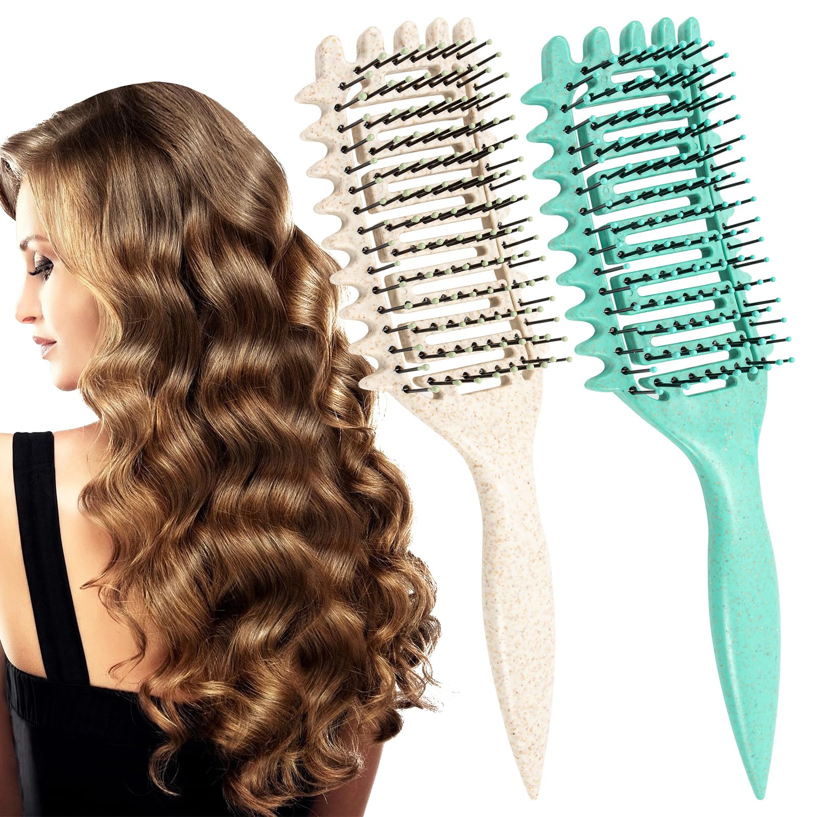 Vinuwu 2Pcs Cepillo Pelo Rizado, Peine Pelo Rizado Antitirones, Cepillo Pelo para Cabello Húmedo/Grueso/Rizado, Cepillo Desenredante para Mujeres Hombres Niñas (Blanco Verde)
