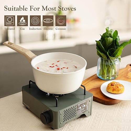 Miniatura 6 de HAFMOOBEY Juego de ollas y sartenes antiadherentes, 21 piezas de utensilios de cocina de inducción de granito beige con sartenes, cacerola y ollas