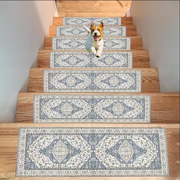 Stair Treads Non Slip for Wooden Steps 7pcs, Carpet Mat 27inX9in Indoor Stair Runner with Adhesive Backing, Treads Washable Reusable Stair Rugs for Kids, Elders, Pets Blue