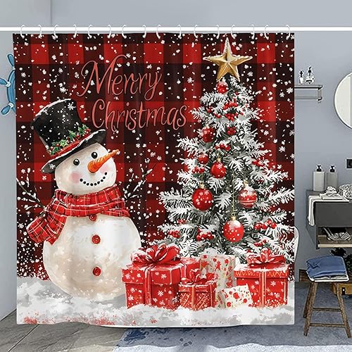 Miniatura 7 de Cortinas de ducha de Feliz Navidad para baño 72 x 72 con borde rosa, hombre de jengibre, casa del árbol, decoración de invierno rústica, estilo