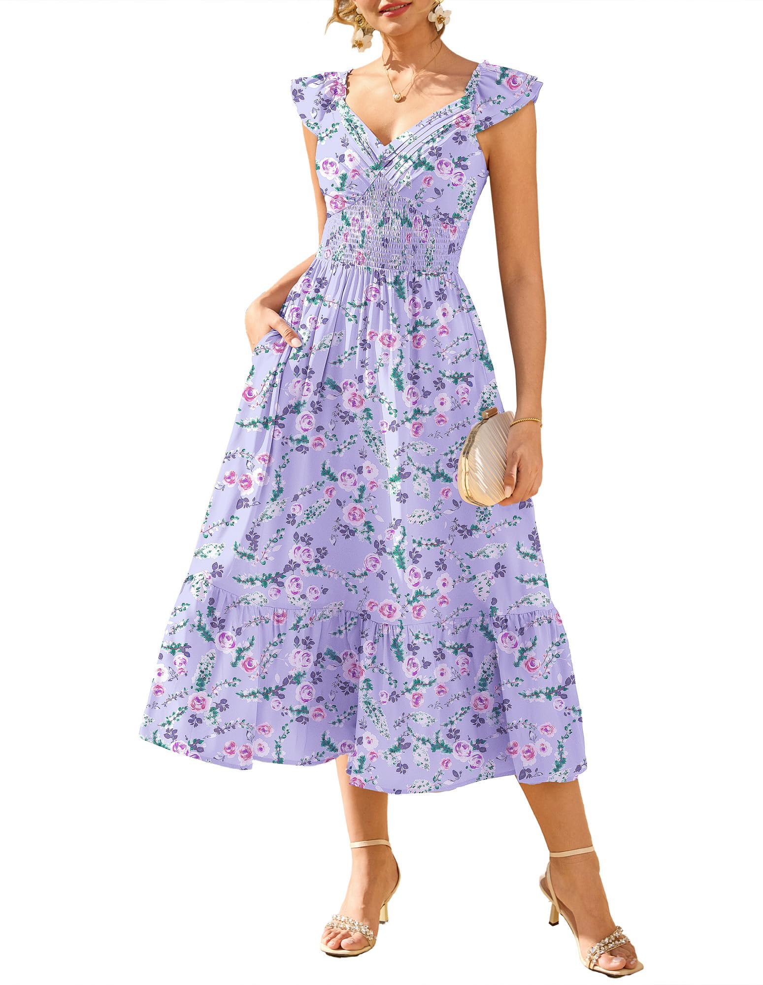 GRACE KARIN Damen Elegant Blumenkleid, Rüschenärmel V-Ausschnitt Kleid Damen Sommer mit Tasche, Sommerkleid Damen Leicht Strandkleid