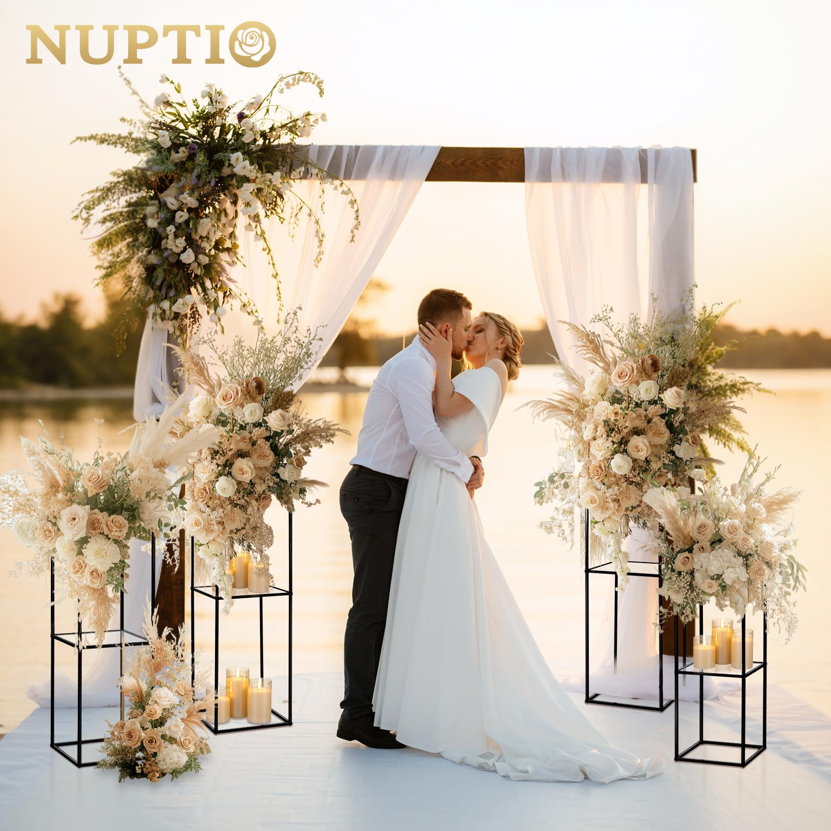 NUPTIO Centre de Table avec Panneau Acrylique, 60/80/100cm Haut, 2 Couches | 3 Pièces, Construction Métal, Support Fleurs, Noir Présentoir, Colonne pour Plantes, Mariage, Fêtes, Maison