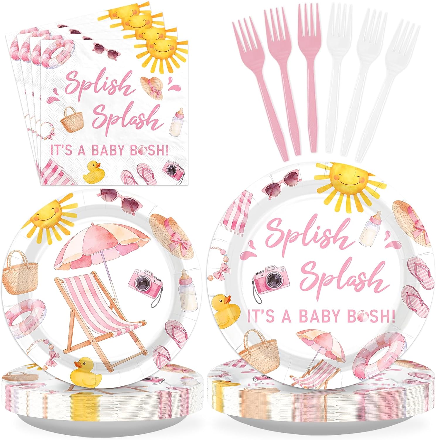 96 Pcs Splish Splash Baby Shower Party Decoration Splish Splash It's A Baby Bash Plates and Napkins Pink Beach Tableware Set for Kids Summer Hawaiian Tropical Gender Reveal Party Supplies, Serves 24