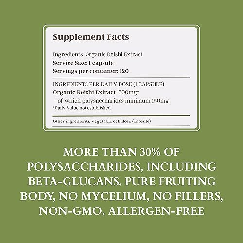 Miniatura 5 de Wise Plants Suplemento de hongos Reishi. Extracto dual, cuerpo fructífero puro, 30% polisacáridos, 500 mg, 120 cápsulas de verduras (suministro de