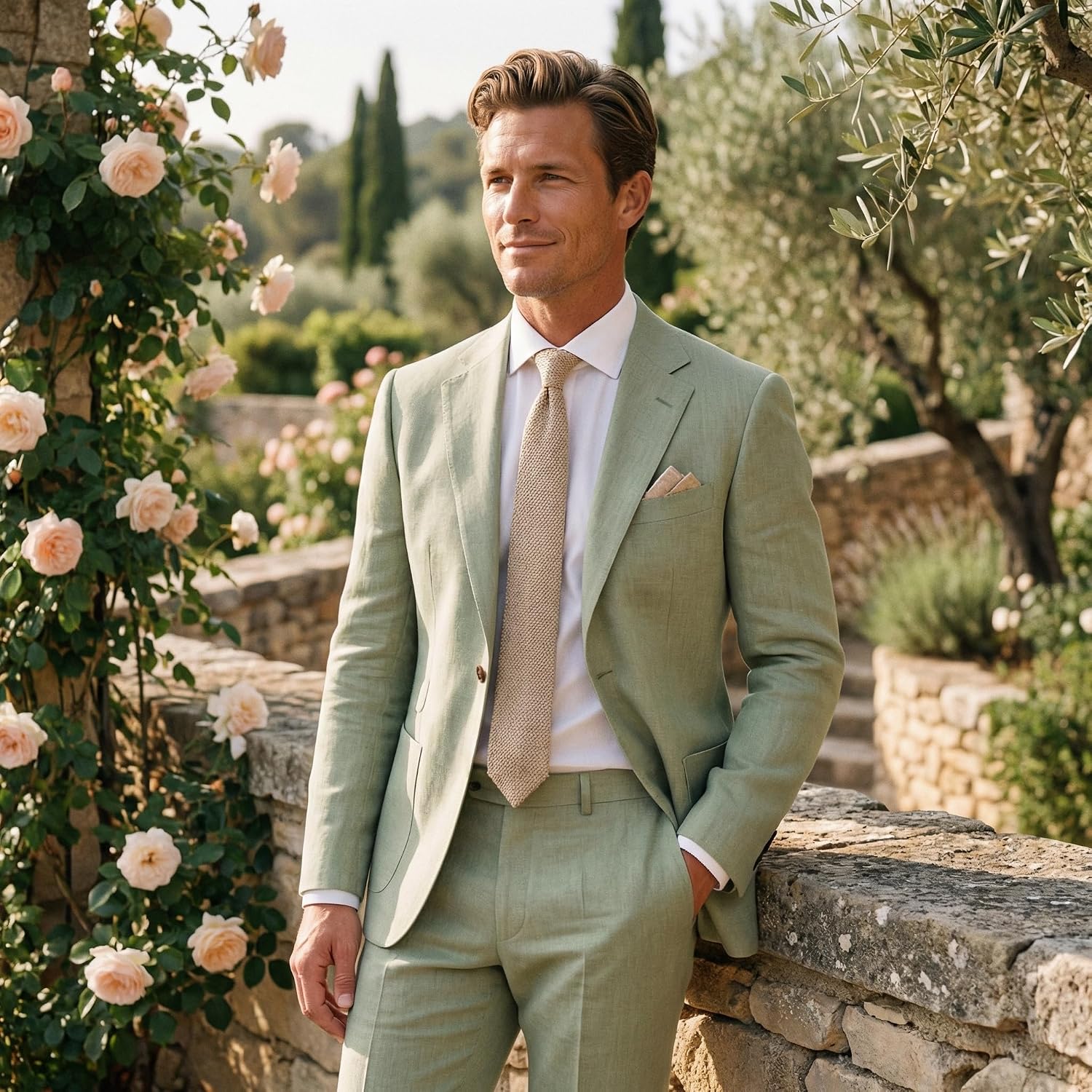 Mens Linen Suit 2pcs Summer Casual Set Linen Blazer Pants Slim Fit Suits for Beach Wedding Lightweight Groomsmen Tuxedo