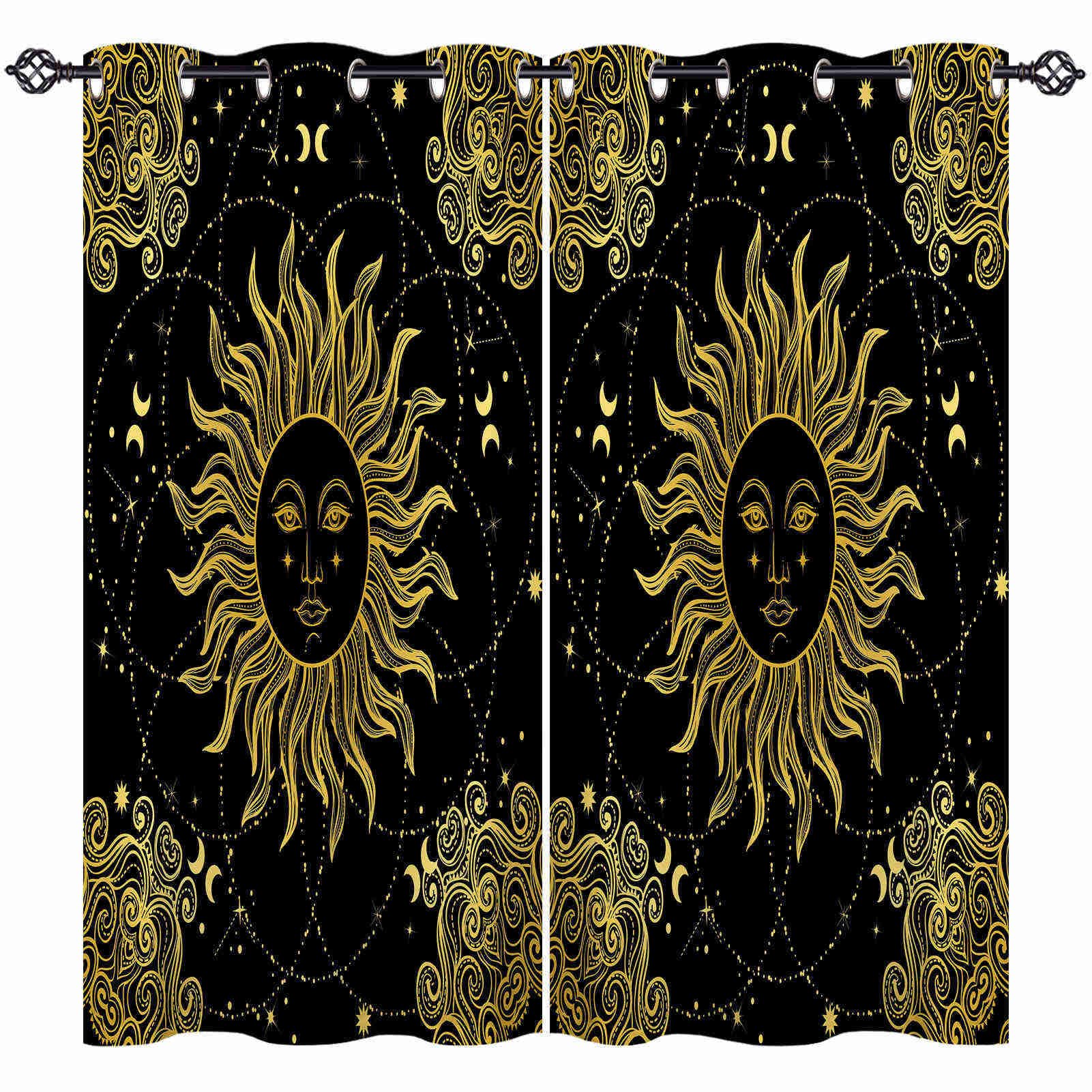 ANHOPE Sun Curtains Eyelet Thermal Insulated Blackout Curtains Vintage Boho Moon Stars Print Pattern Ring Top Drapes for Bedroom Living Room 52 x 63 Inch Drop 2 Panels