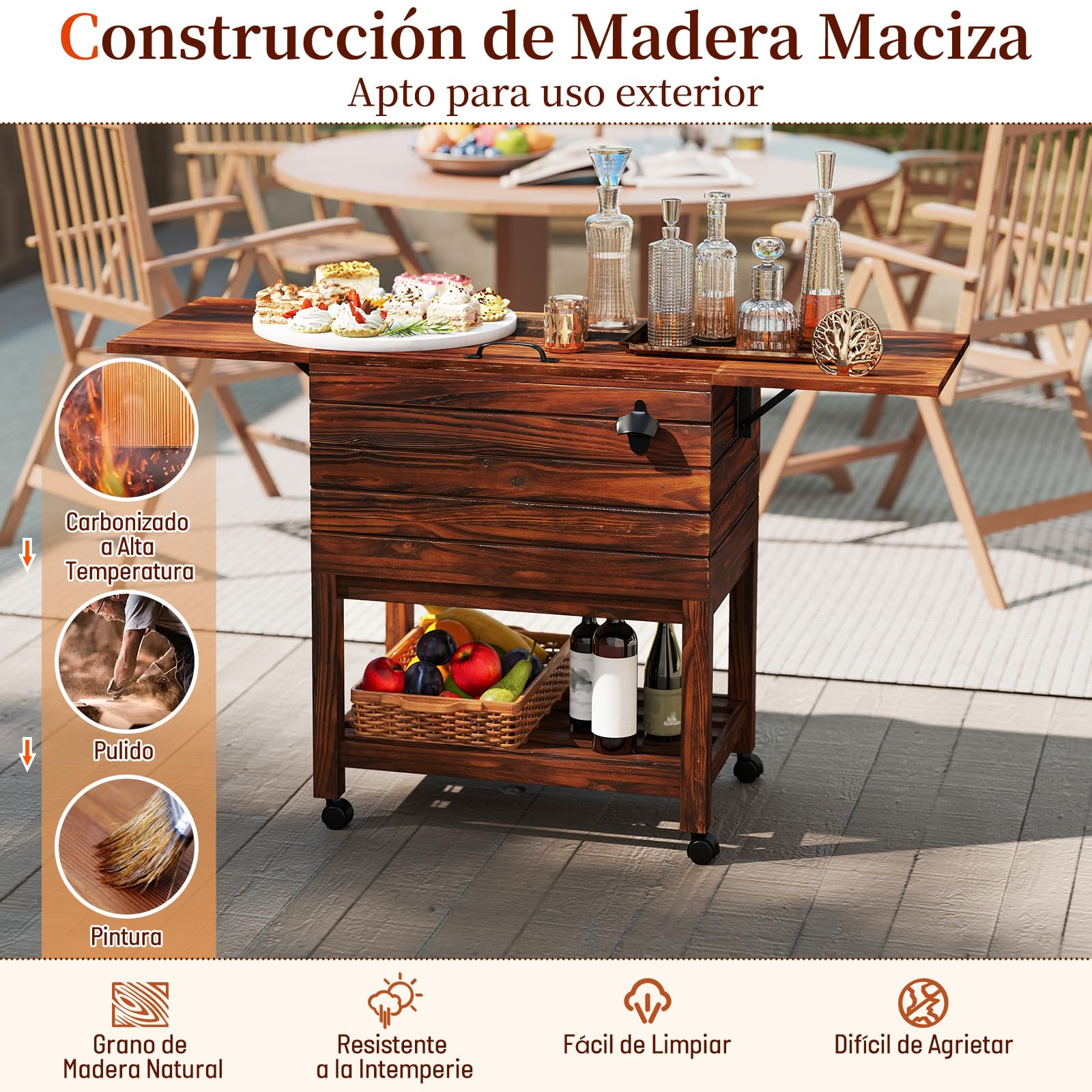 COSTWAY 51L Carrito Nevera con Ruedas, Enfriador de Madera para Patio, con 2 Estantes Plegables y Abrebotellas, Enfriador de Bebidas al Aire Libre para Fiesta, Jardín Trasero