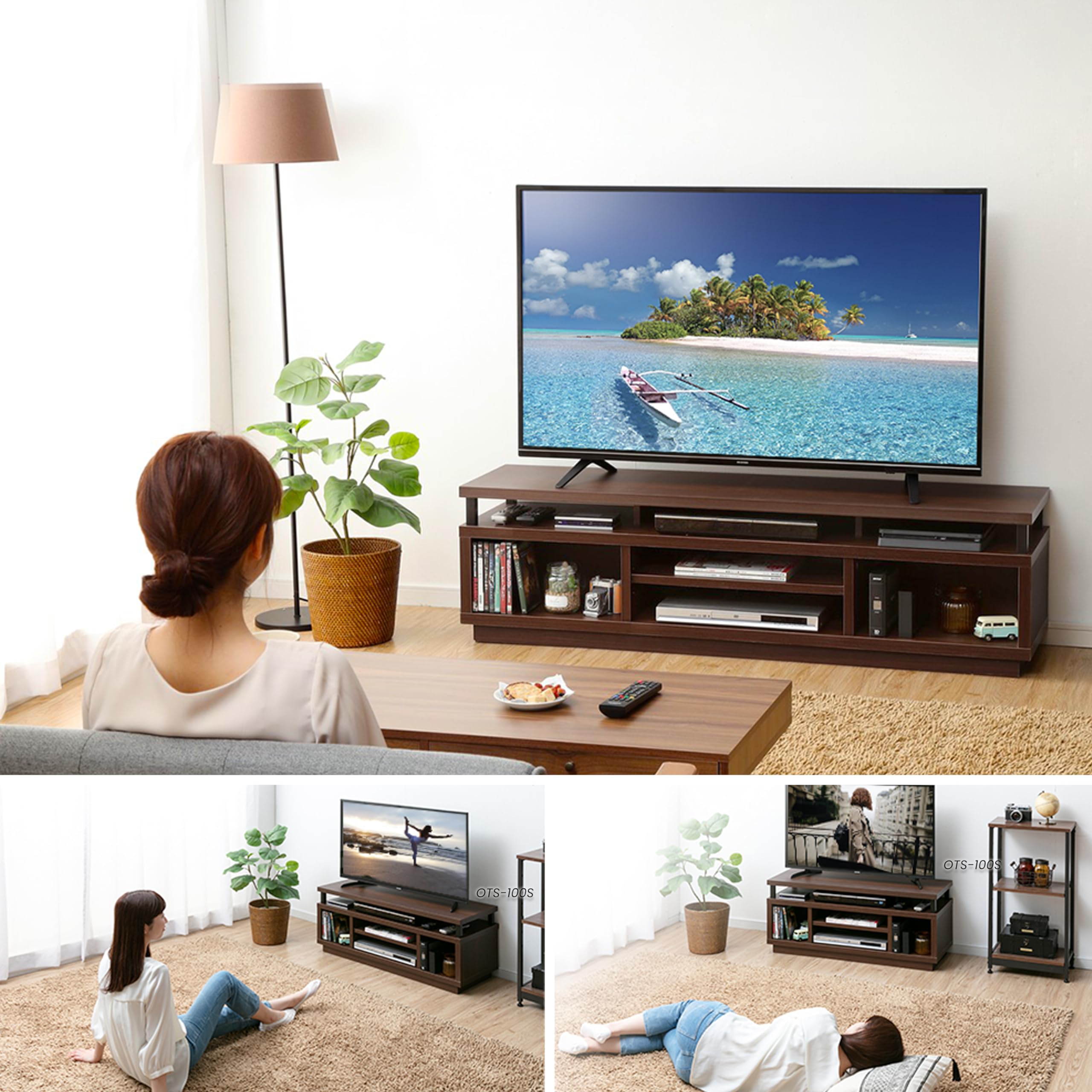 Iris Ohyama, Porta TV/Mobile TV/TV Porta TV in legno/Porta TV con 5 ripiani aperti/TV fino a 65, Legno massello, fori passacavi, Ufficio, Soggiorno - TV Cabinet Middle OTS-150M - Marrone