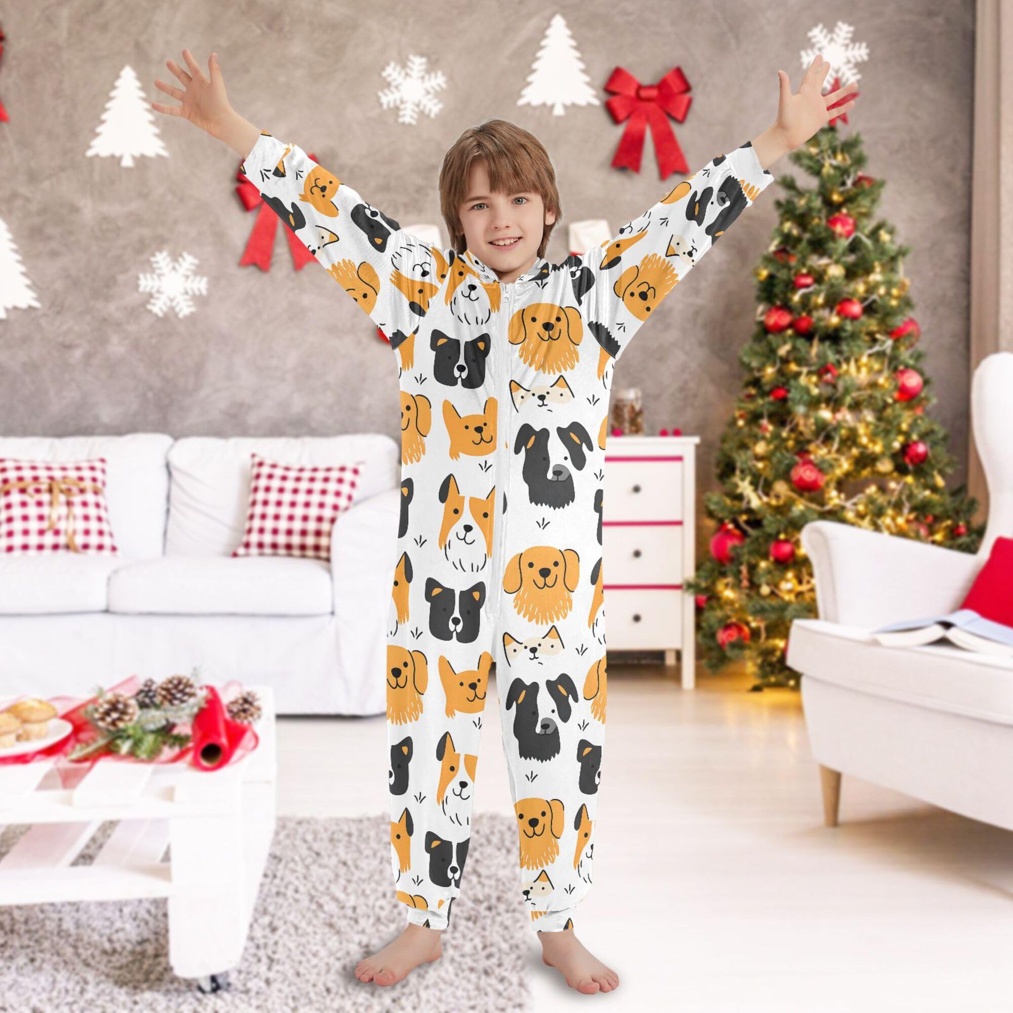 ALAZA Pigiama intero in flanella con cappuccio e cerniera, tuta coordinata per bambini, morbida e calda, abbigliamento sportivo per la casa, 5-6T