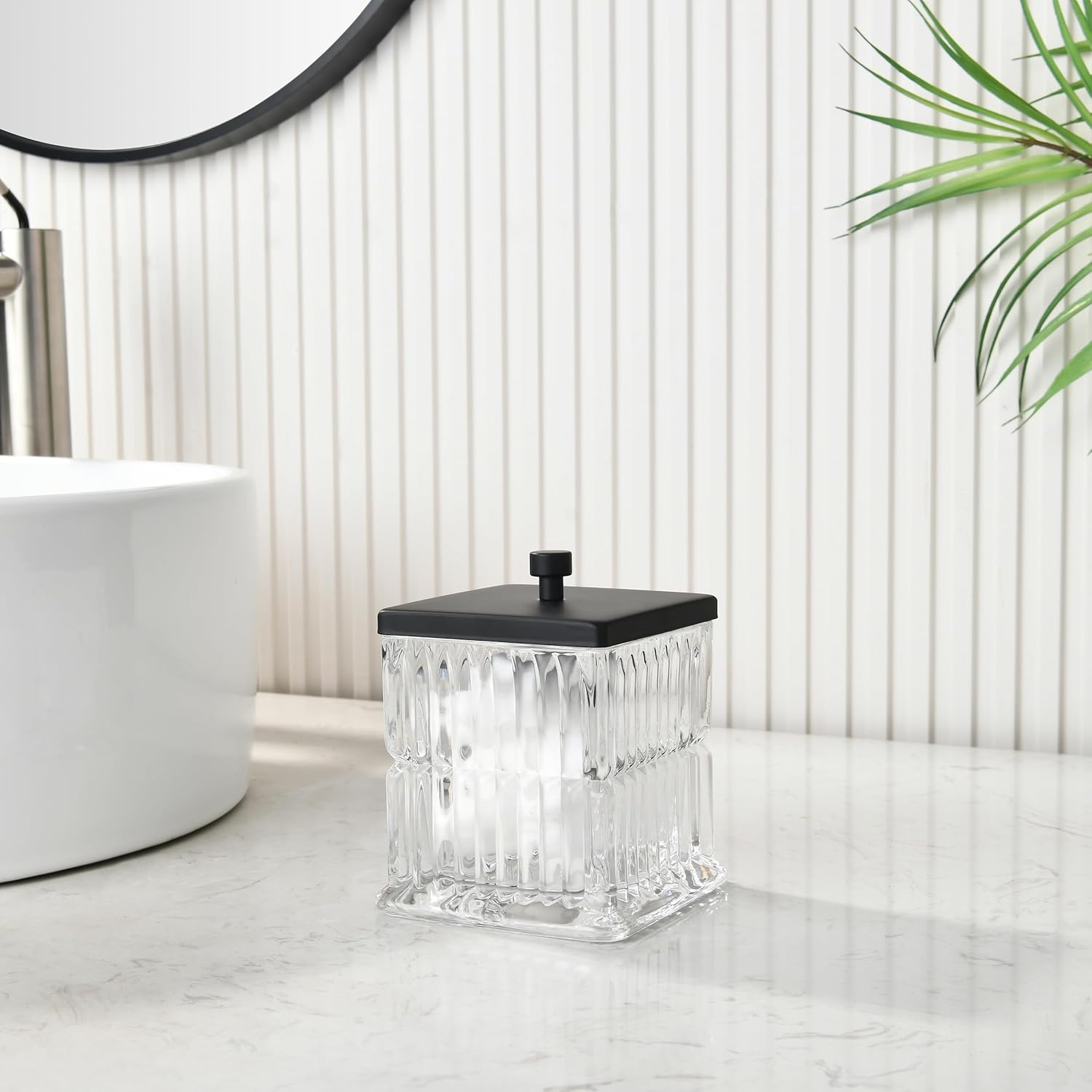 Vince Camuto Home Glass Cotton Jar Holder – Matte Black Lid, Elegant Bathroom Storage Canister for Qtips, Cotton Balls, Floss, Makeup Organizer, Vanity & Bathroom Organization