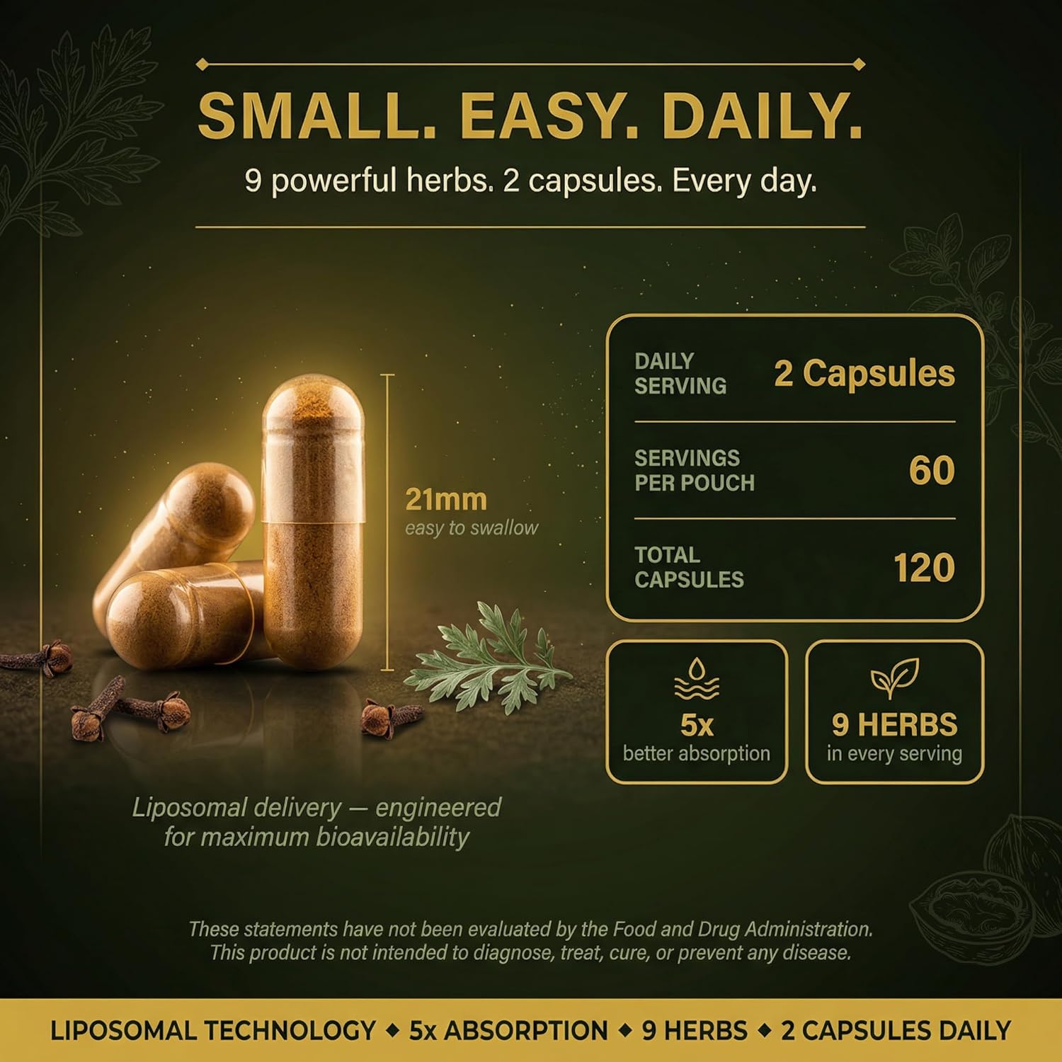 Liposomal Herbal Parasite & Gut Detox, 120 Capsules, 5X Better Absorption, with Black Walnut, Wormwood, Clove, Pumpkin Seed, Garlic, Oregano, PAU D'Arco, Papaya