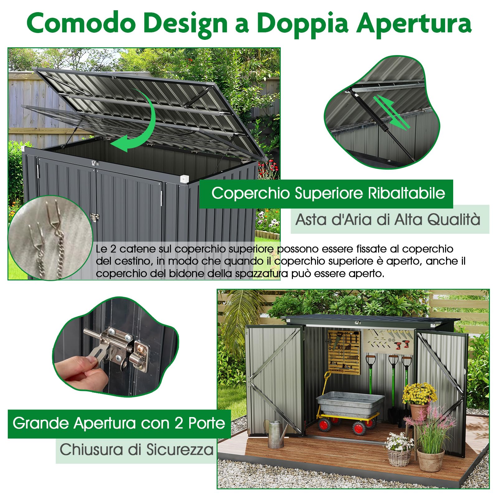 COSTWAY Casetta per Spazzatura Esterna 1,51㎡, Capanno da Giardino Bloccabile in Metallo Zincato Resistente alle Intemperie con Doppie Aperture e 2 Porte, Ripostiglio per Patio (Grigio)