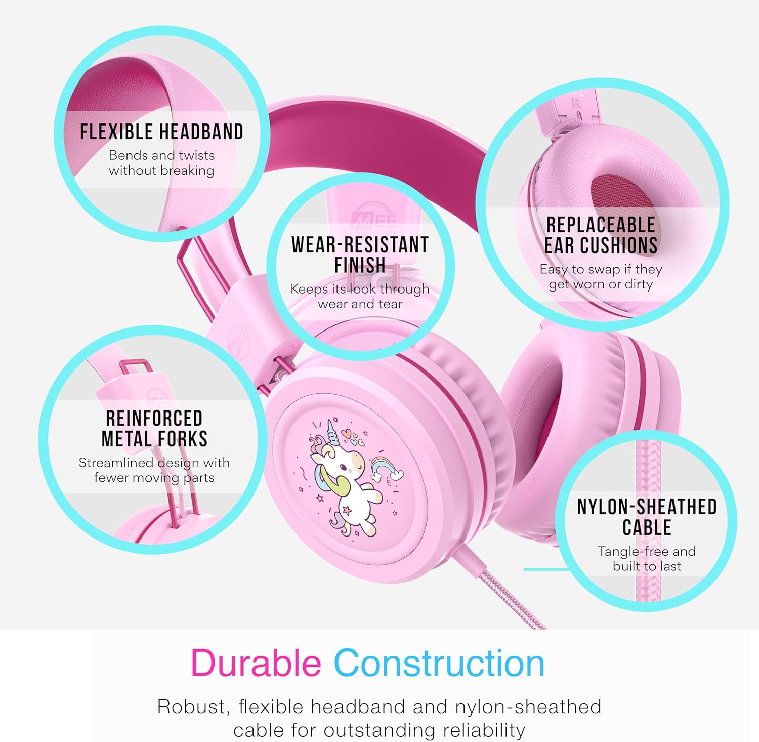 MEE audio KidJamz KJ55 Wired Children’s Headphones with 3.5mm Plug, Colorful Graphics, Volume Limiter & Microphone, Adjustable On-Ear Kids Headset for Online Learning/School/Travel/Tablet (Pink)