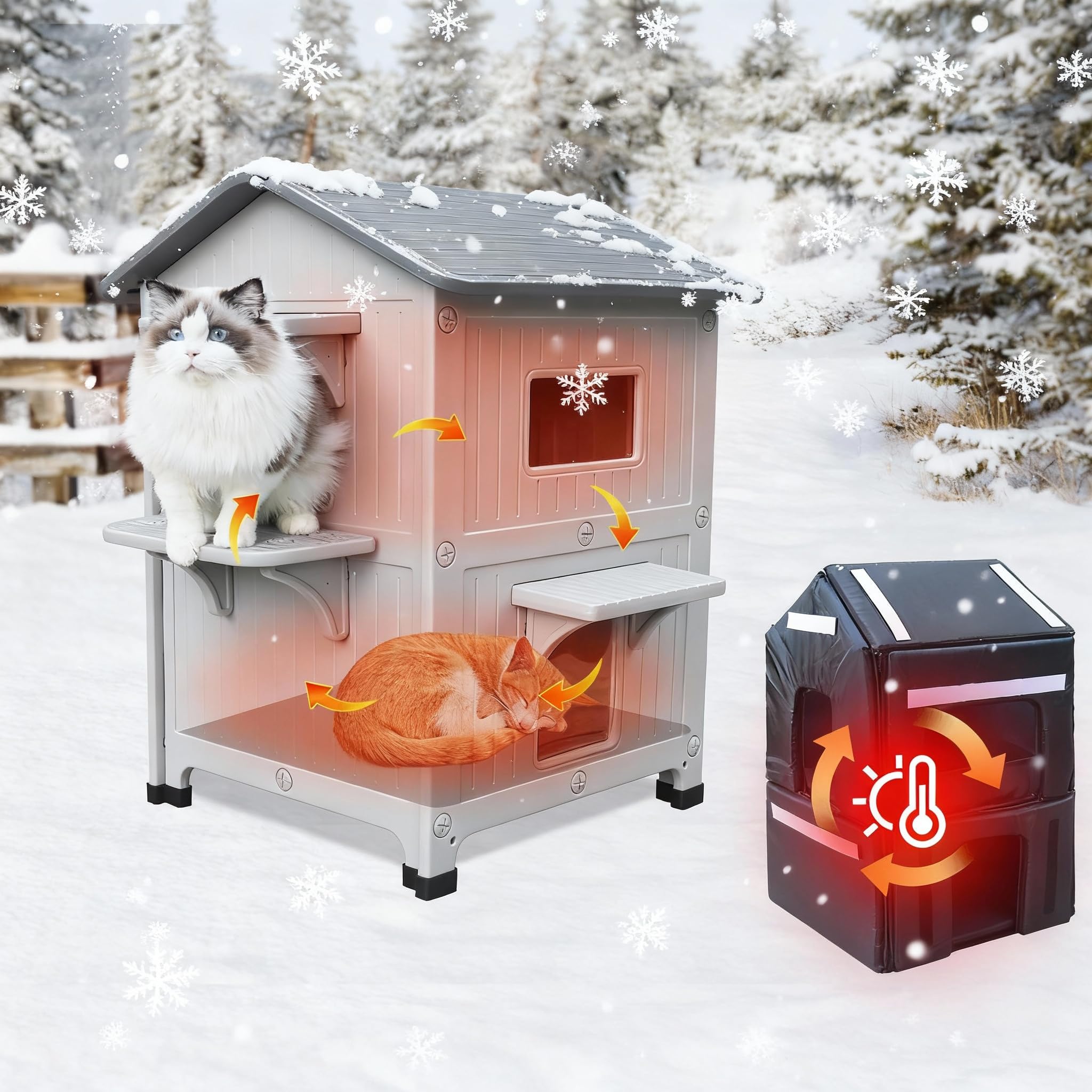 Rockever Plastic Outdoor Cat House with Insulated Liner, 100% Insulated Outdoor Cat Houses for Winter, Waterproof 2 Story Outside Cat Shelter, Clean