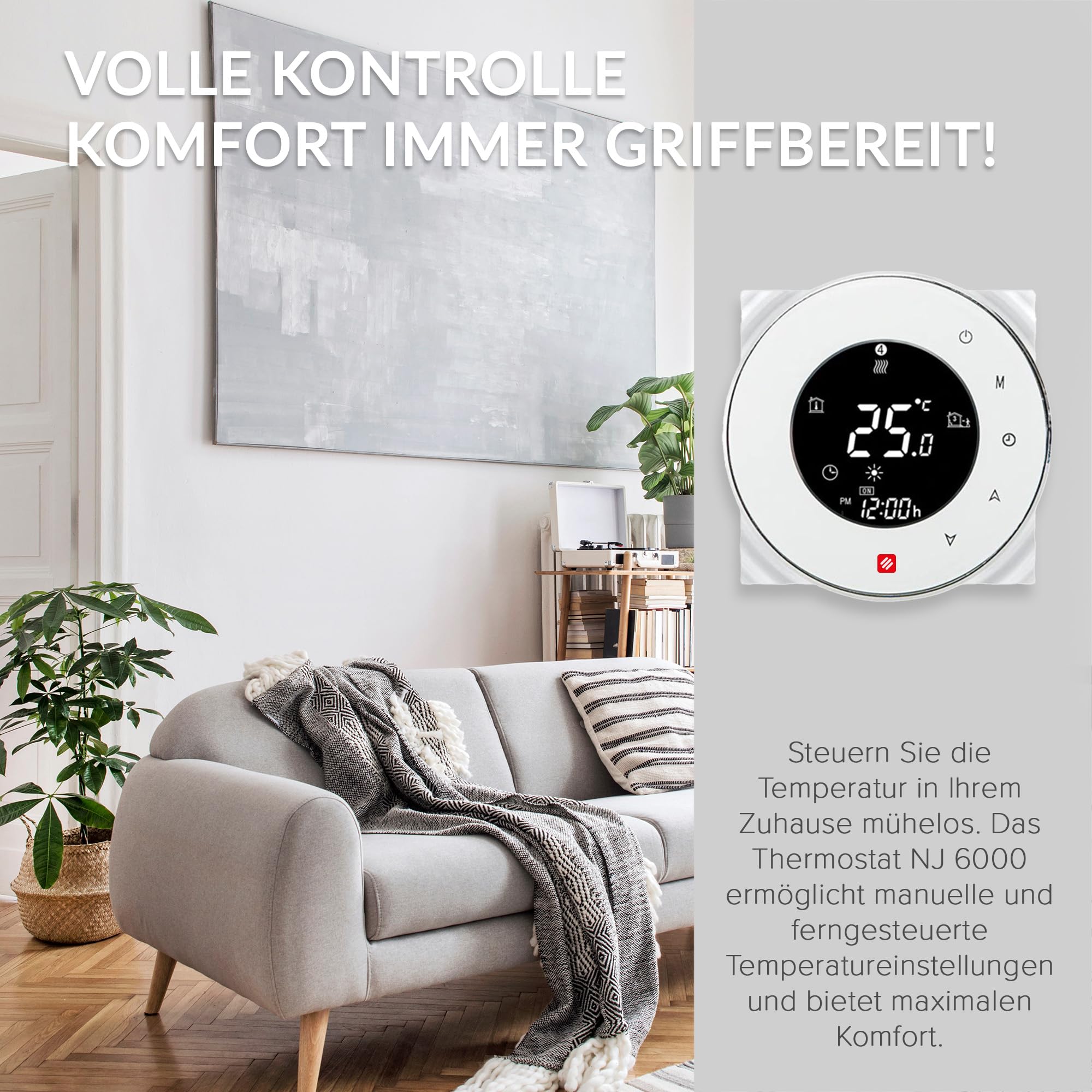 DREAM HEAT Inteligentny termostat, okrągły wyświetlacz dotykowy, sterowanie Wi-Fi, programowalne tryby, kompatybilny z Amazon Echo, Google Home