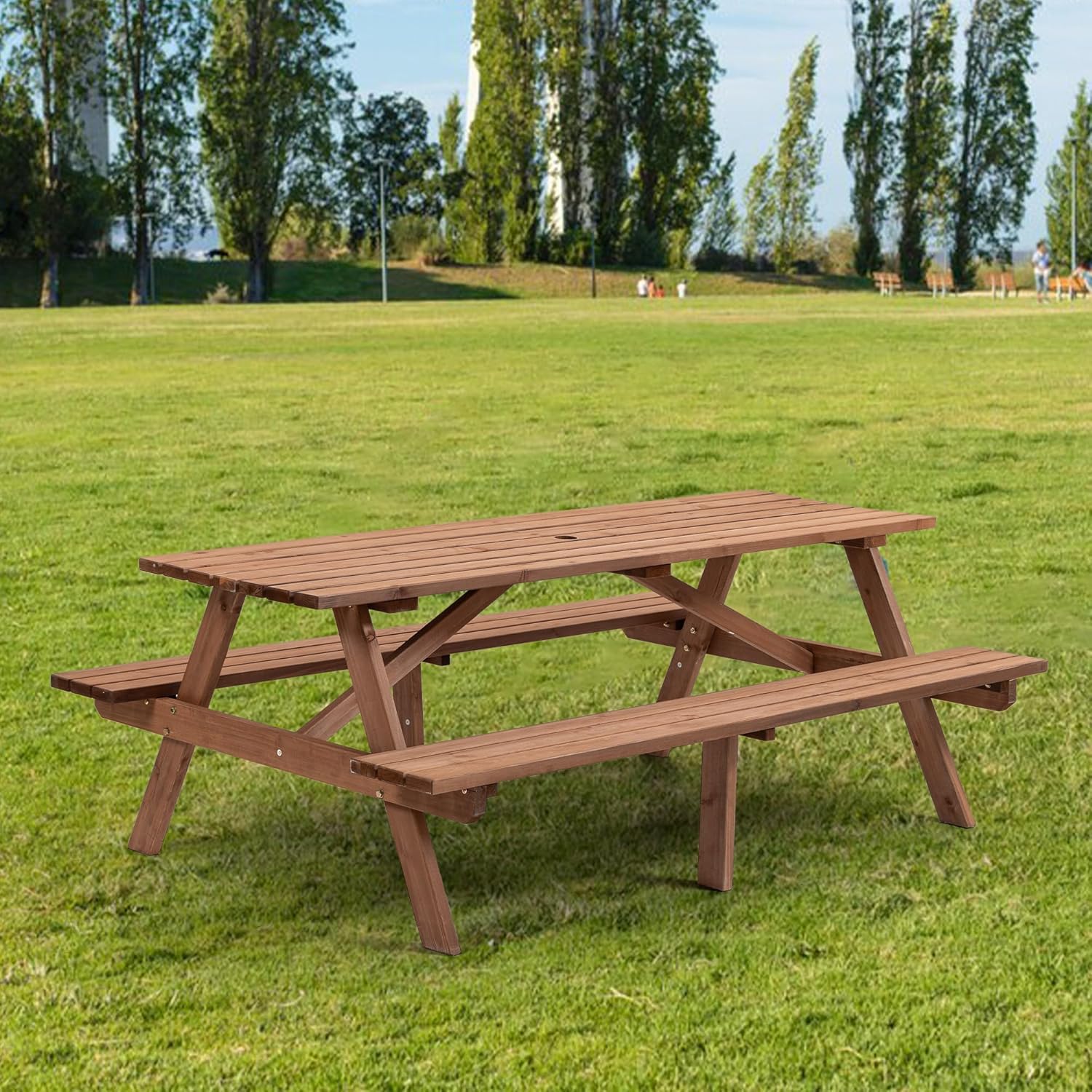 Picnic Table with Bench for 8 Person Outdoor Wooden Rectangle Table for Patio Garden Backyard Large Outside Dining Table Set with Umbrella Hole 6.26FT Brown