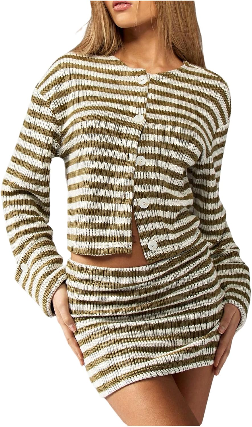 MakeMeChic Women's 2 Piece Sweater Skirt Set Striped Cardigan and Mini Skirt Fall Knit Lounge Sets