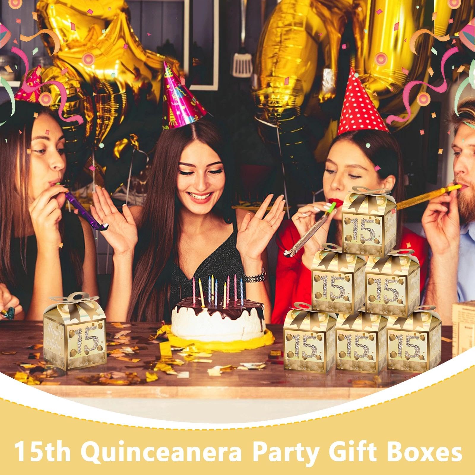 50 cajas de cumpleaños número 15: bolsas doradas para quinceañera dulce de fiesta | Cartón, diseño dorado, dulces y golosinas, mesas de postre, fiestas de quinceañera, recuerdos de invitados, fácil montaje