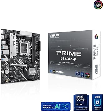 ASUS PRIME B860M-K Intel matX motherboard, 6+1+1+1 Discrete MOS, DDR5, PCIe 4.0, 2xM.2 slots, Realtek 2.5Gb Ethernet, DisplayPort, HDMI, USB 10Gbps, front USB 5Gbps Type-C