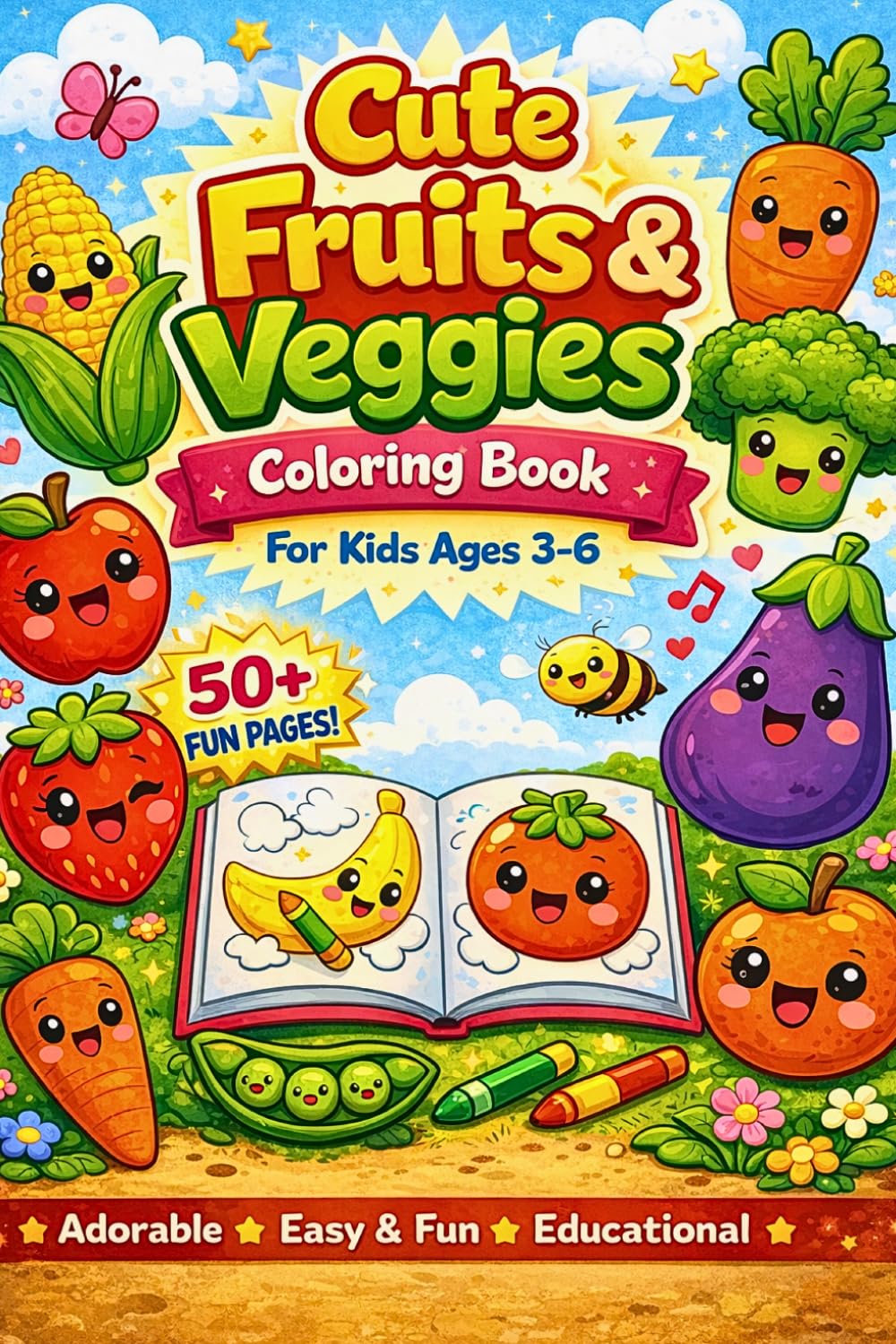 Cute Fruits & Veggies Coloring Book for Kids Ages 3-6