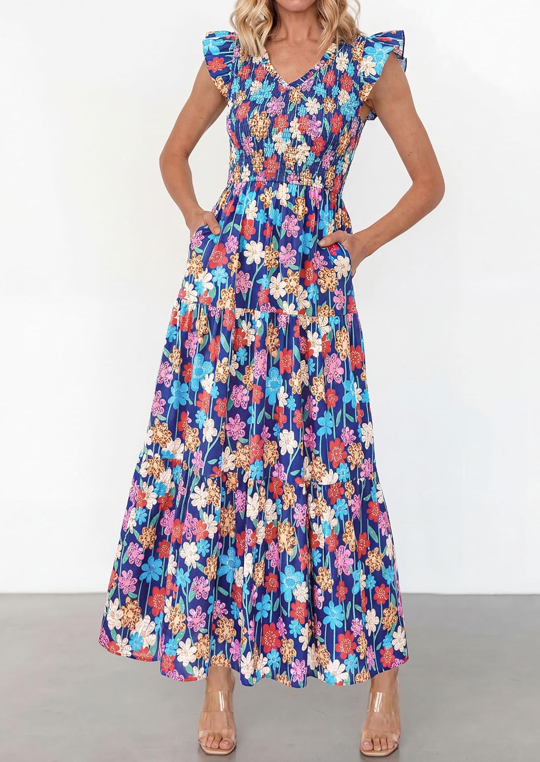 PRETTYGARDEN Women's Boho Floral Maxi Dress 2026 Summer Smocked V Neck Ruffle Sleeve Spring Flowy Beach Vacation Sundresses - Image 3