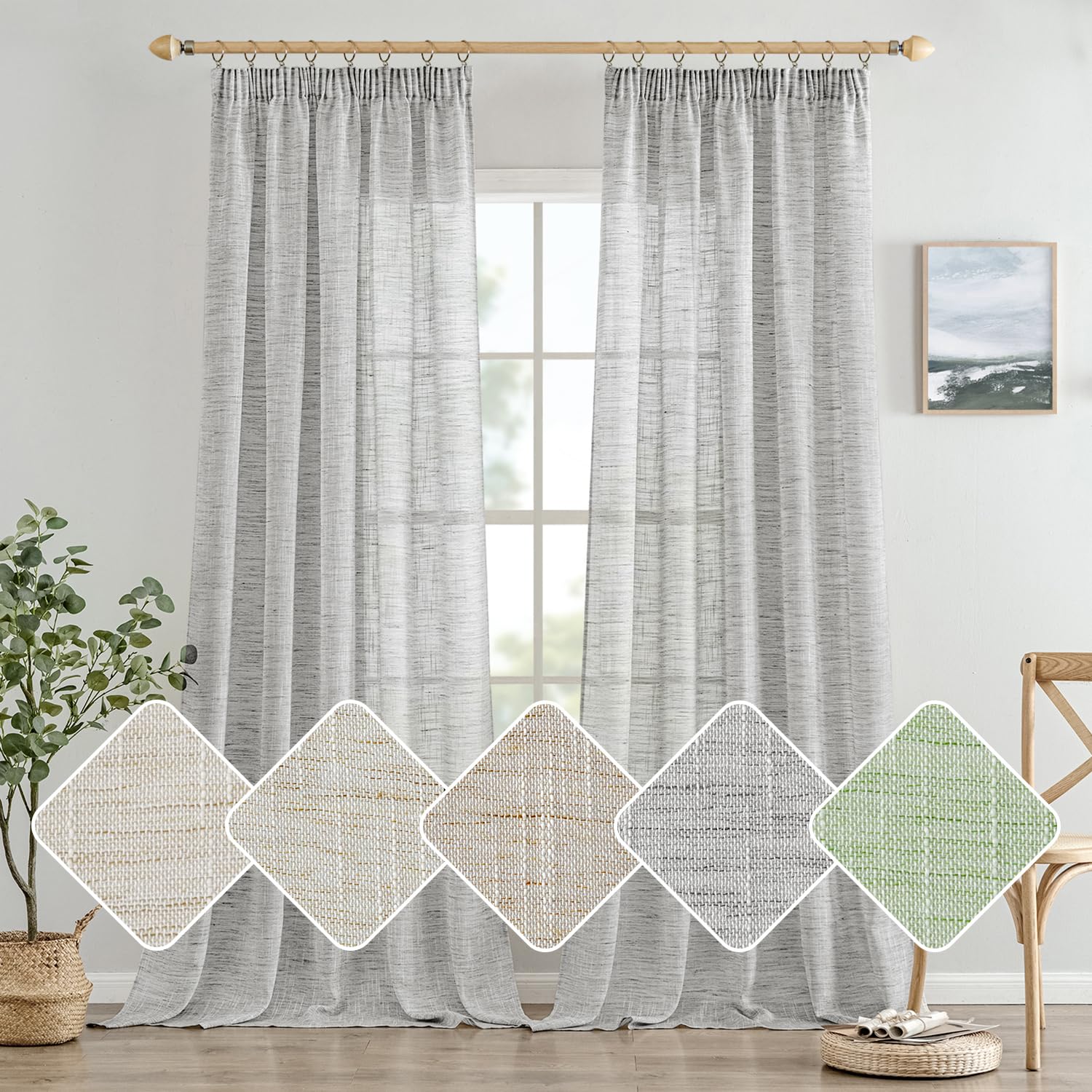 Woaboy Cortinas de Lino Dormitorio Visillo Semitransparente para Ventana Modernas con Ganchos de Riel para Salón Habitación 2 Piezas 140x245cm Blanco Gris